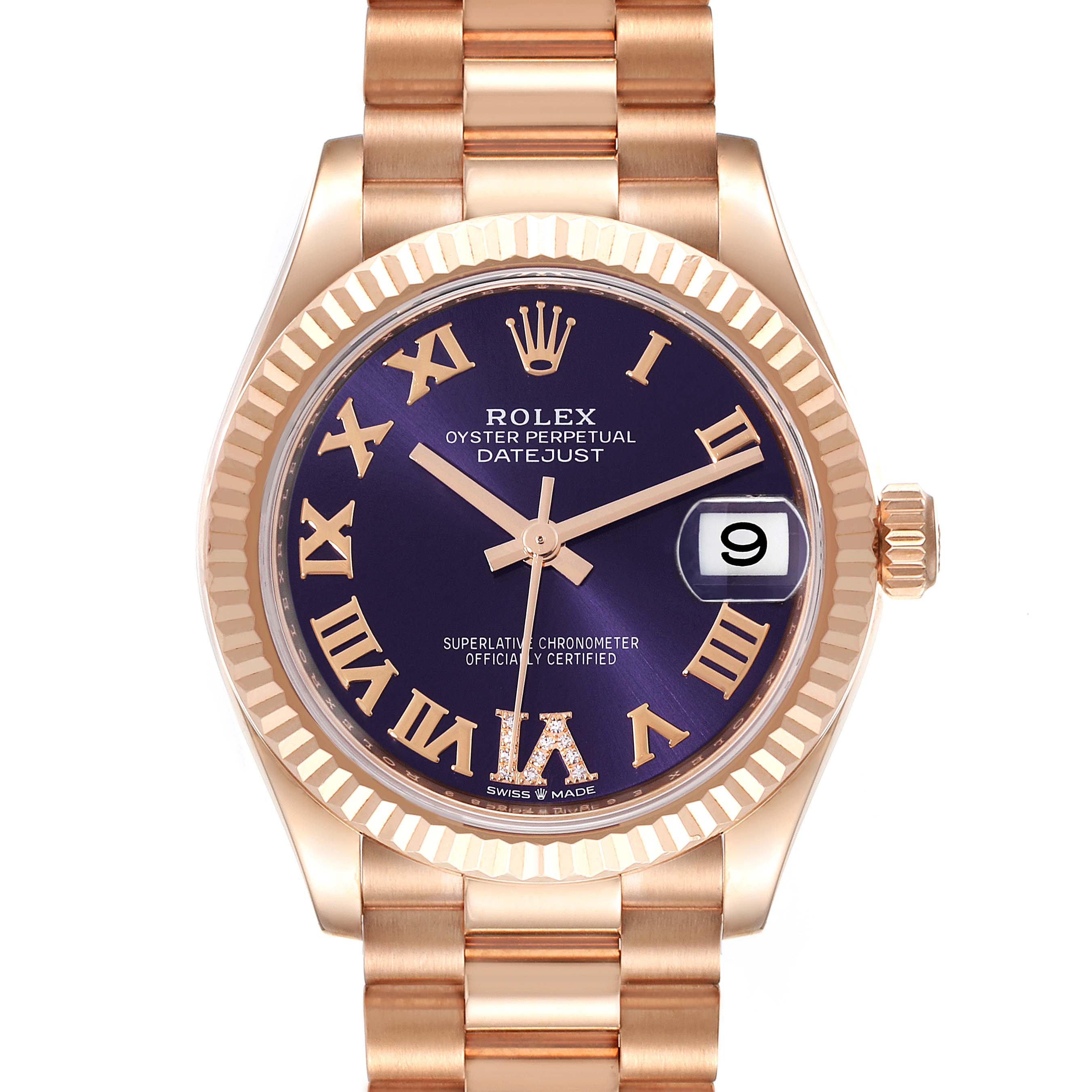 The image shows a frontal view of the Rolex President 278275 Women's Rose Gold Blue Dial 278275 Women's Rose Gold Blue Dial model, highlighting the dial, hands, date window, bezel, and bracelet.