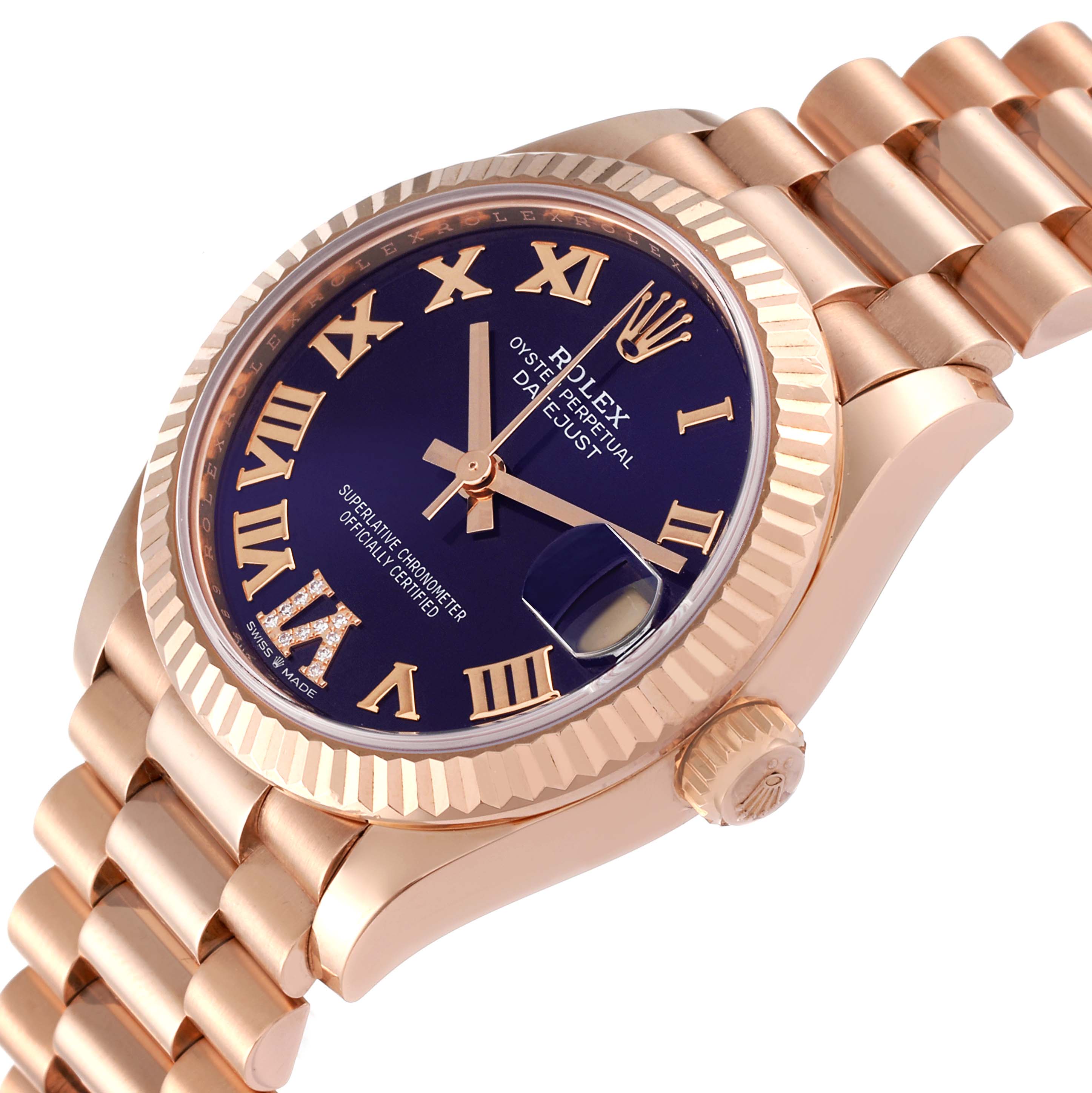 The image shows a side and front angle of the Rolex President 278275 Women's Rose Gold Blue Dial 278275 Women's Rose Gold Blue Dial model watch, highlighting the face, bezel, and bracelet.