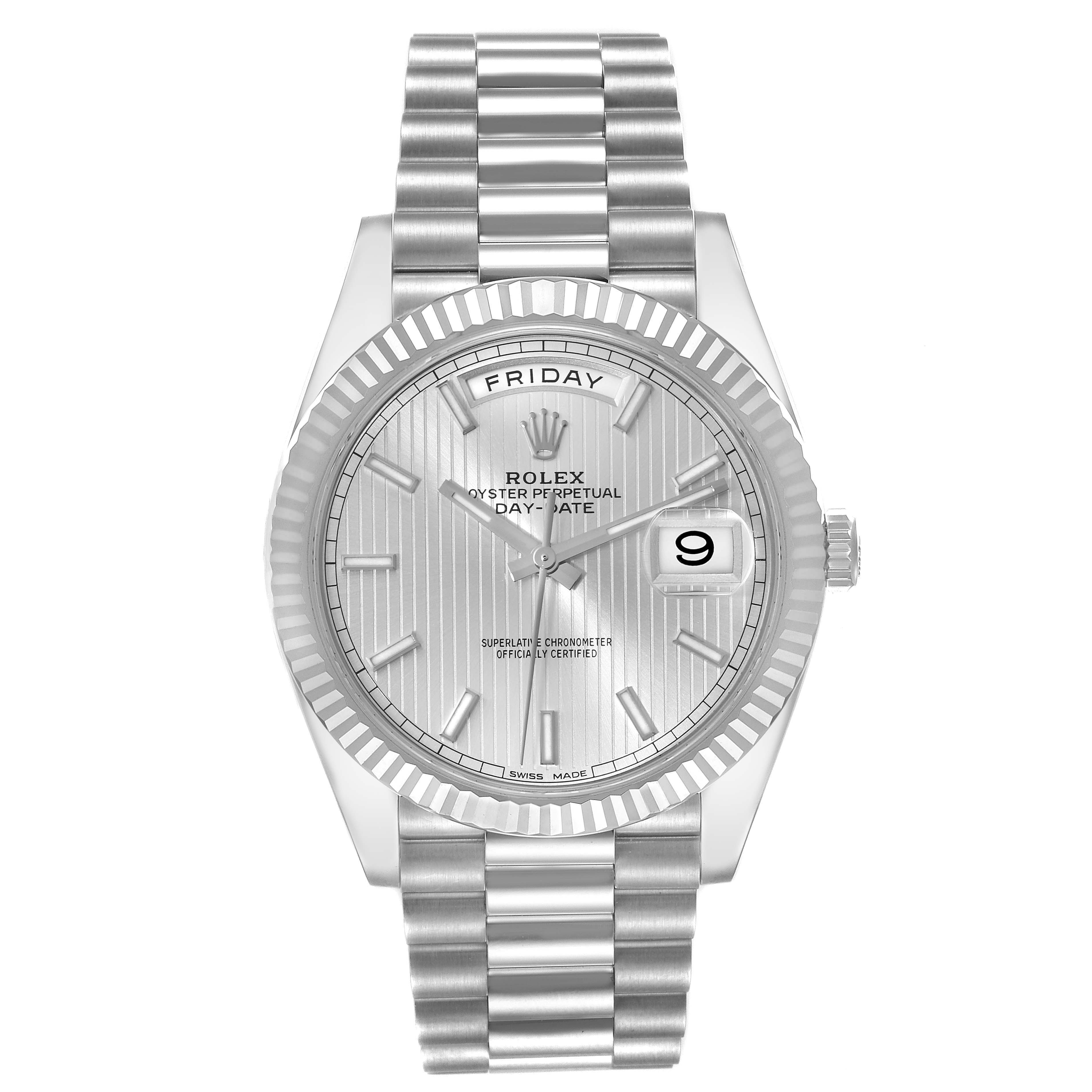 This image shows a front view of a Rolex President 228239 Men's White Gold Silver Dial 228239 Men's White Gold Silver Dial model watch, displaying the dial, bezel, and bracelet.