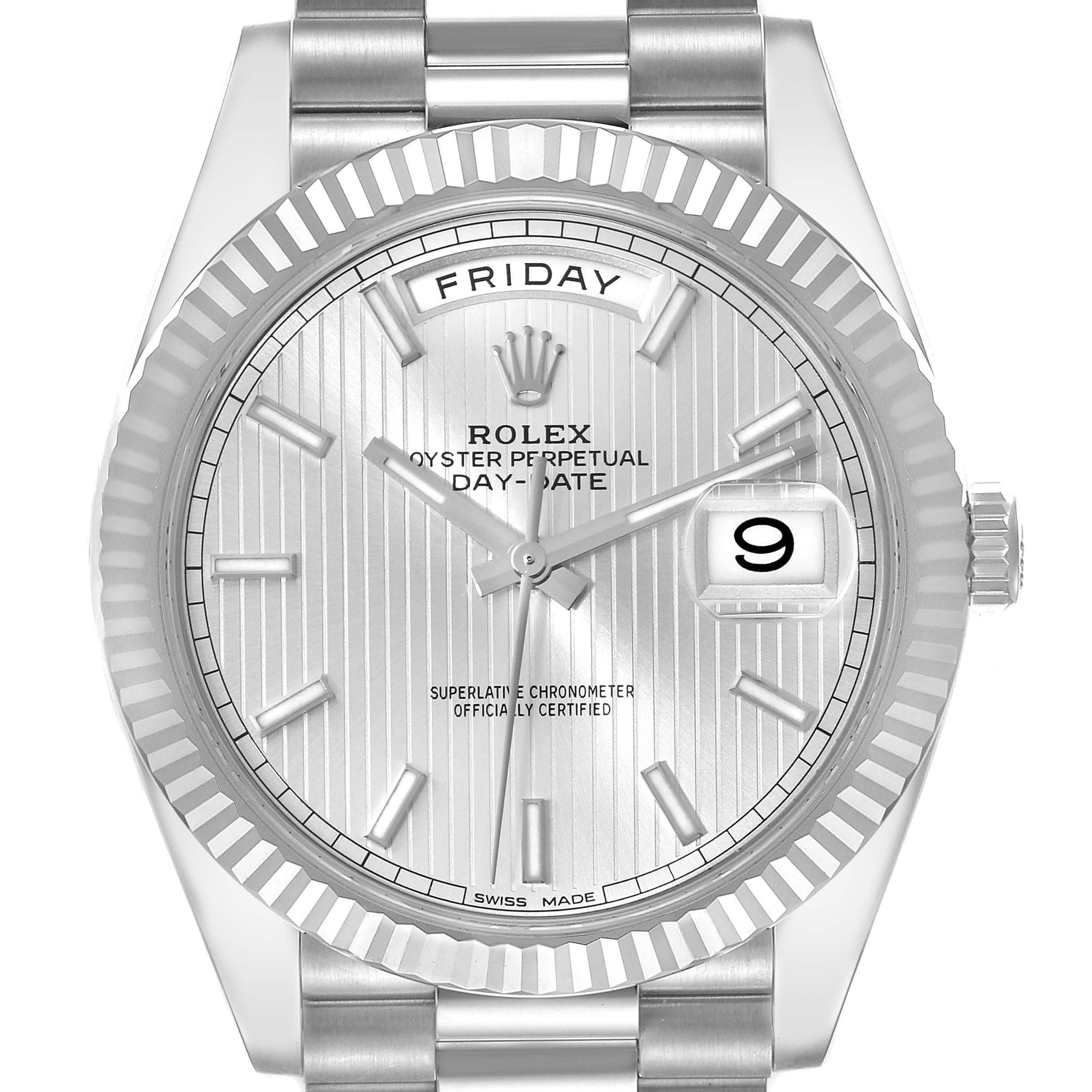 This image shows a front view of a Rolex President 228239 Men's White Gold Silver Dial 228239 Men's White Gold Silver Dial model watch, showcasing its dial, bezel, and part of the bracelet.