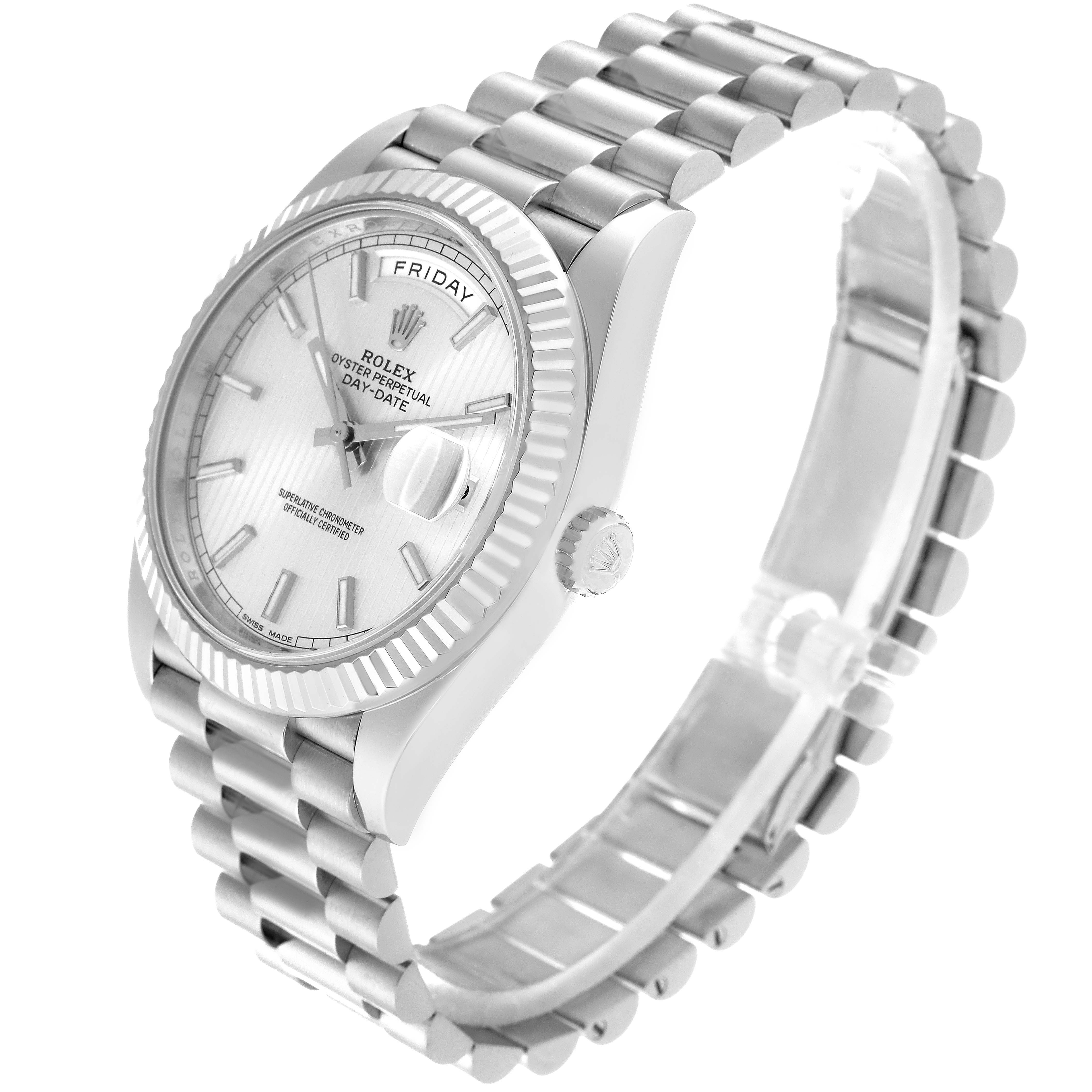 The Rolex President 228239 Men's White Gold Silver Dial 228239 Men's White Gold Silver Dial model watch is shown at a slightly angled side view, displaying the dial, bracelet, crown, and fluted bezel.