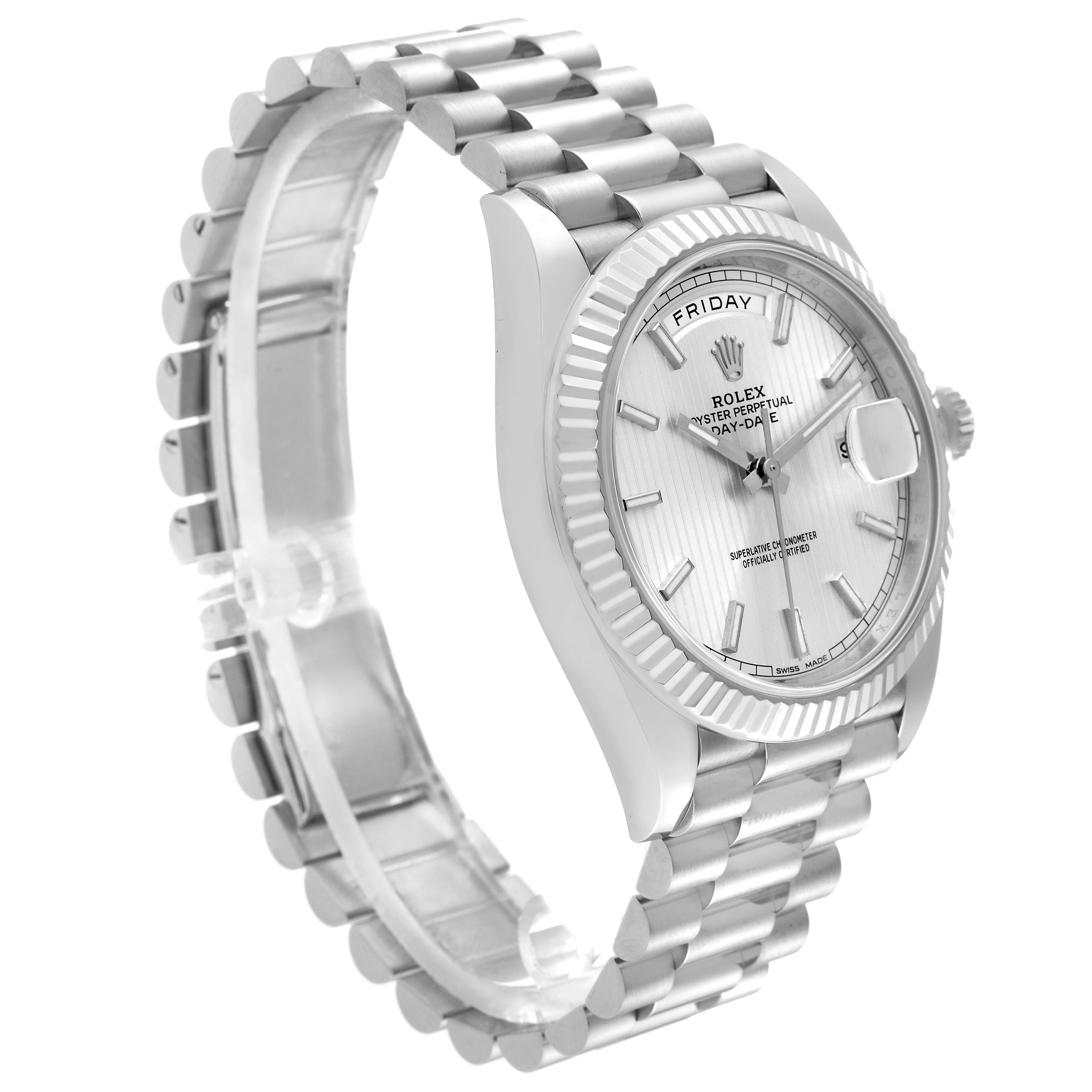 The image shows a side angle of the Rolex President 228239 Men's White Gold Silver Dial 228239 Men's White Gold Silver Dial model watch, highlighting its bracelet and dial.