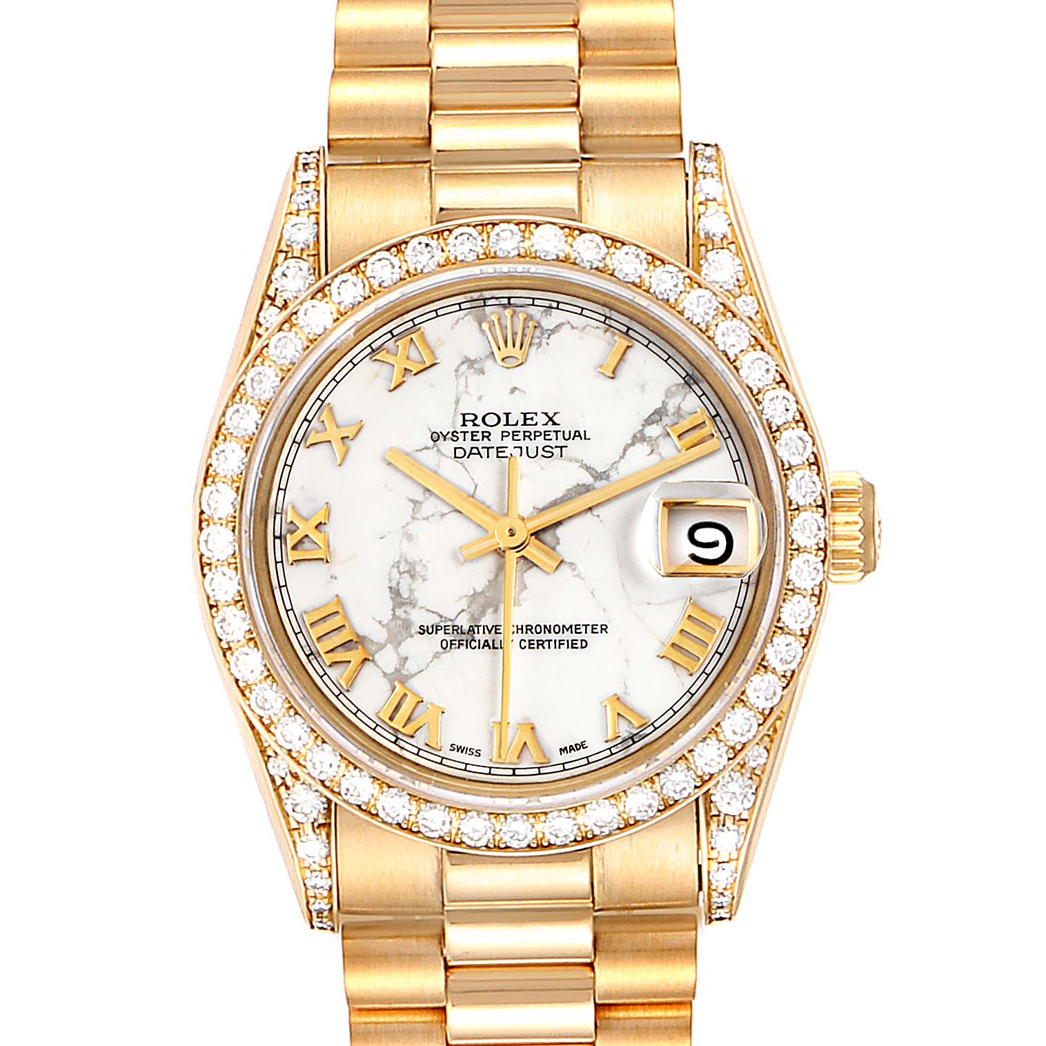 This image shows a front view of a Rolex President 68158 Women's Yellow Gold Grey Dial 68158 Women's Yellow Gold Grey Dial model watch, focusing on the dial, bezel, and bracelet.