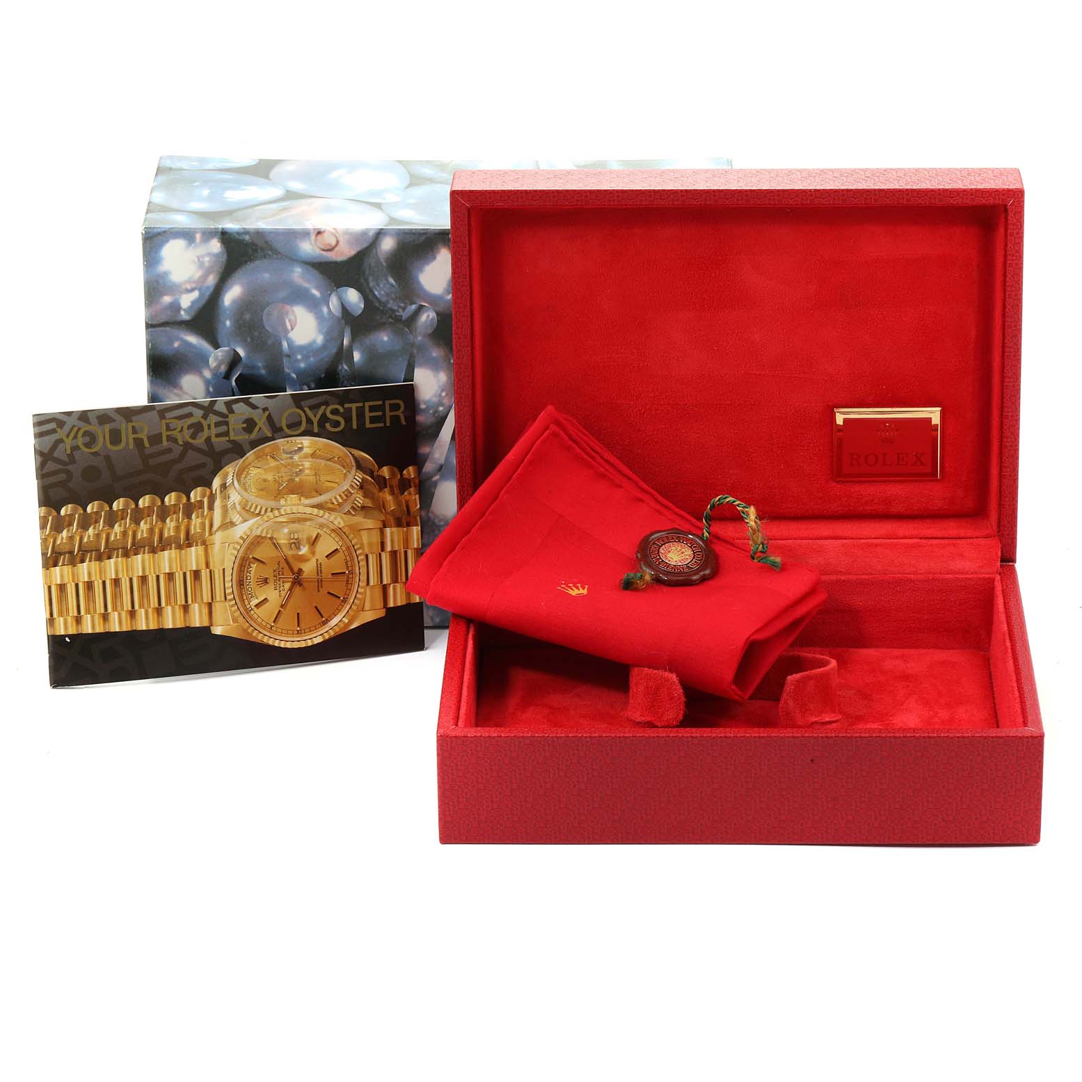 The image shows the open box, booklet, tag, cloth, and packaging of a Rolex President 68158 Women's Yellow Gold Grey Dial 68158 Women's Yellow Gold Grey Dial model watch, displaying the accessories.