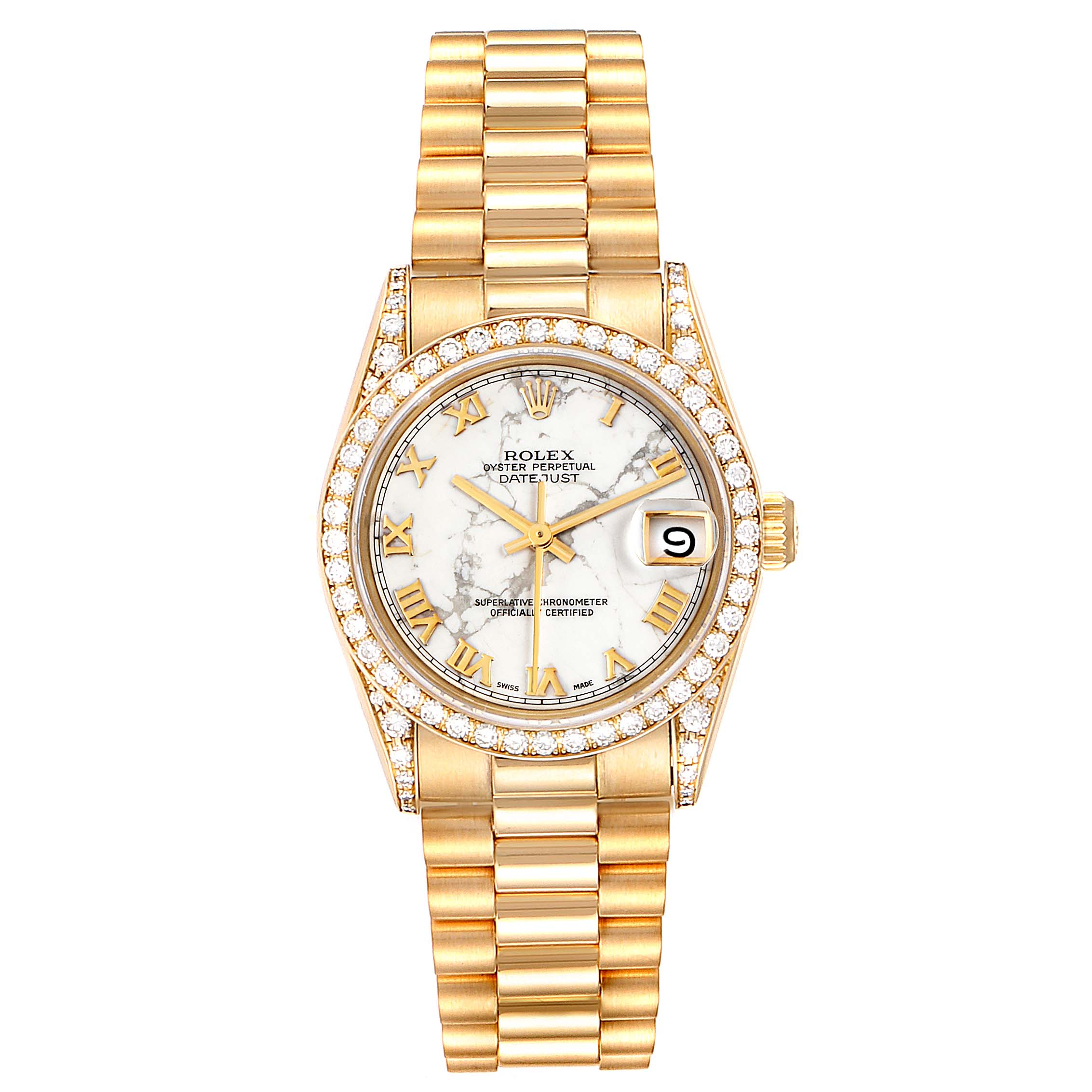 This image shows a frontal view of the Rolex President 68158 Women's Yellow Gold Grey Dial 68158 Women's Yellow Gold Grey Dial model watch, highlighting the dial, bezel, and bracelet.