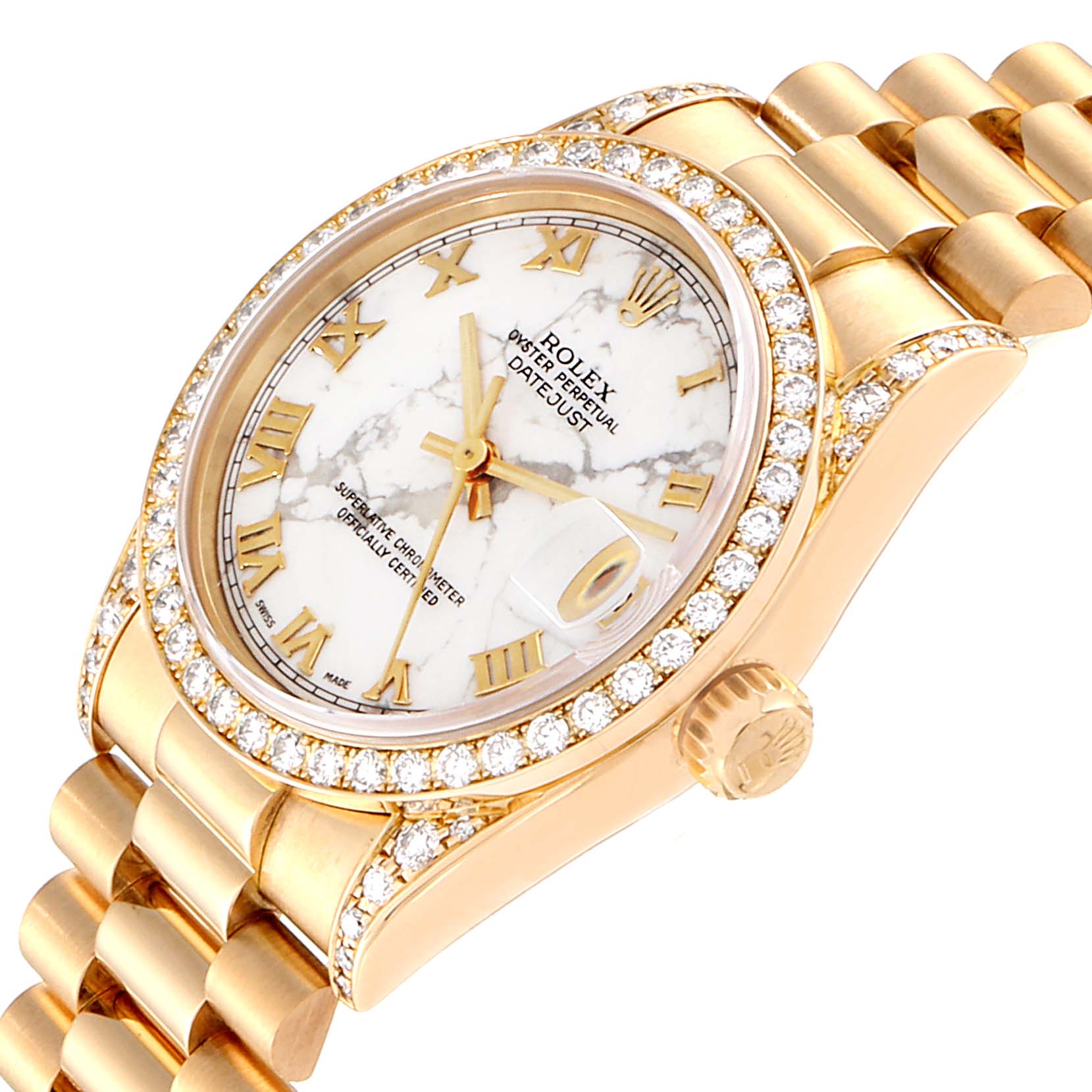 The image shows a Rolex President 68158 Women's Yellow Gold Grey Dial 68158 Women's Yellow Gold Grey Dial model watch, viewed at an angle highlighting the dial, bezel, and part of the bracelet.