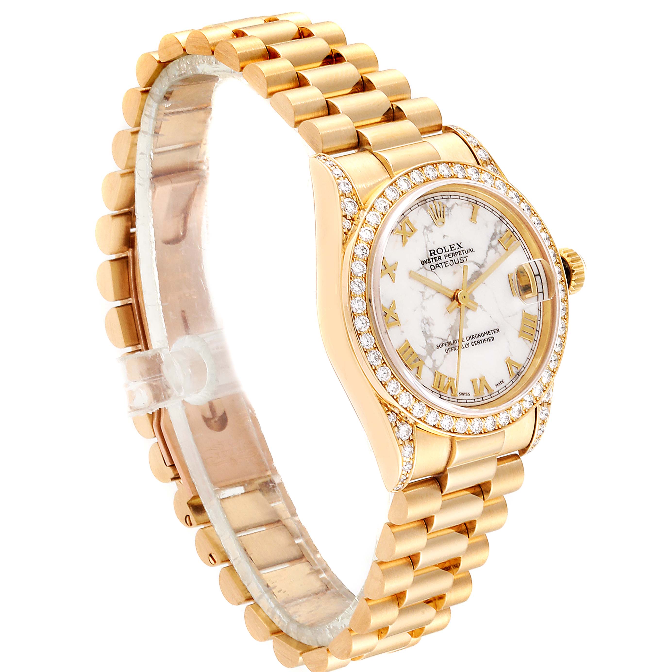 The image shows a side angle of the Rolex President 68158 Women's Yellow Gold Grey Dial 68158 Women's Yellow Gold Grey Dial model watch, highlighting its gold bracelet, bezel with diamonds, and marble dial.