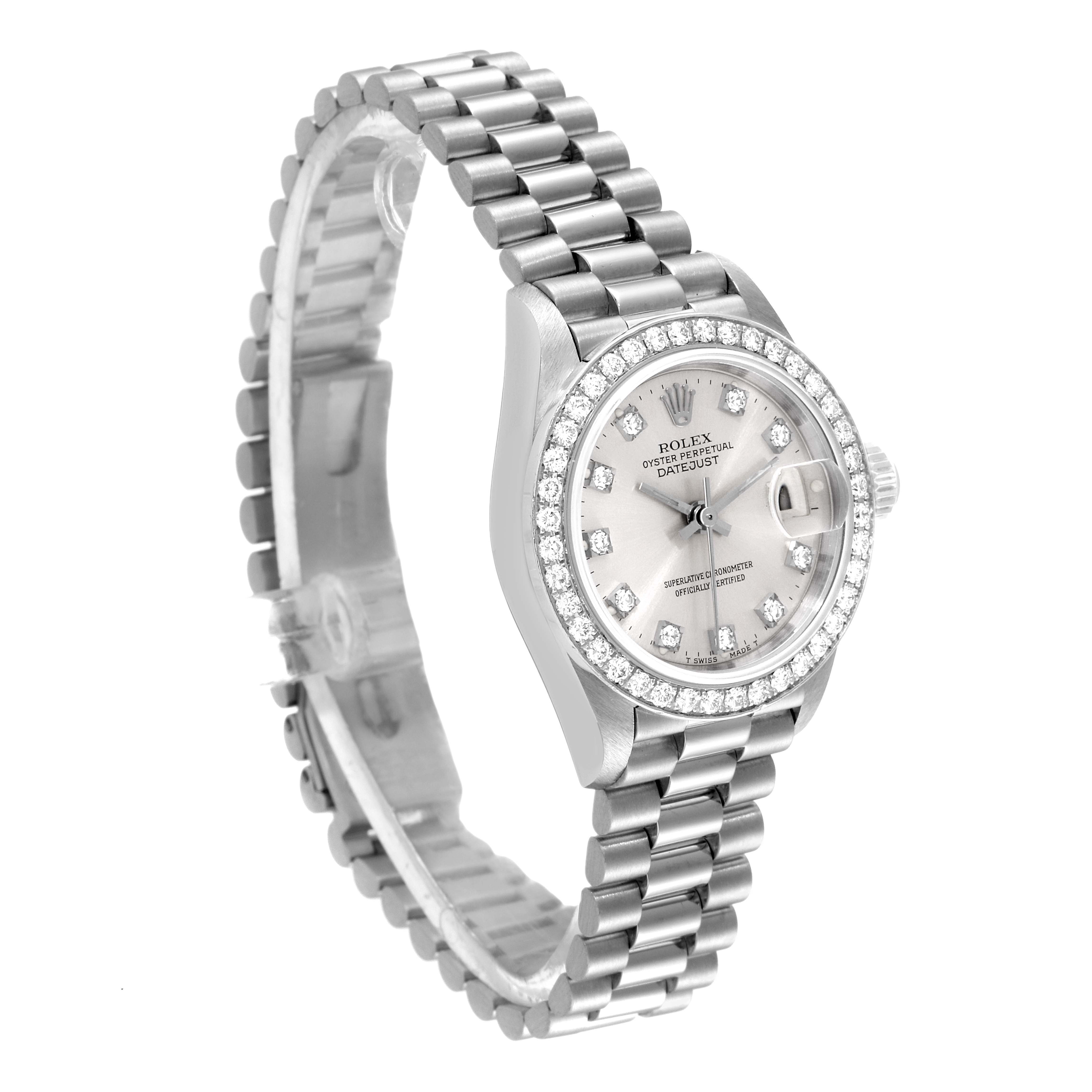 This image shows a President model Rolex watch at a slight angle, highlighting its bracelet, face, and diamond bezel.