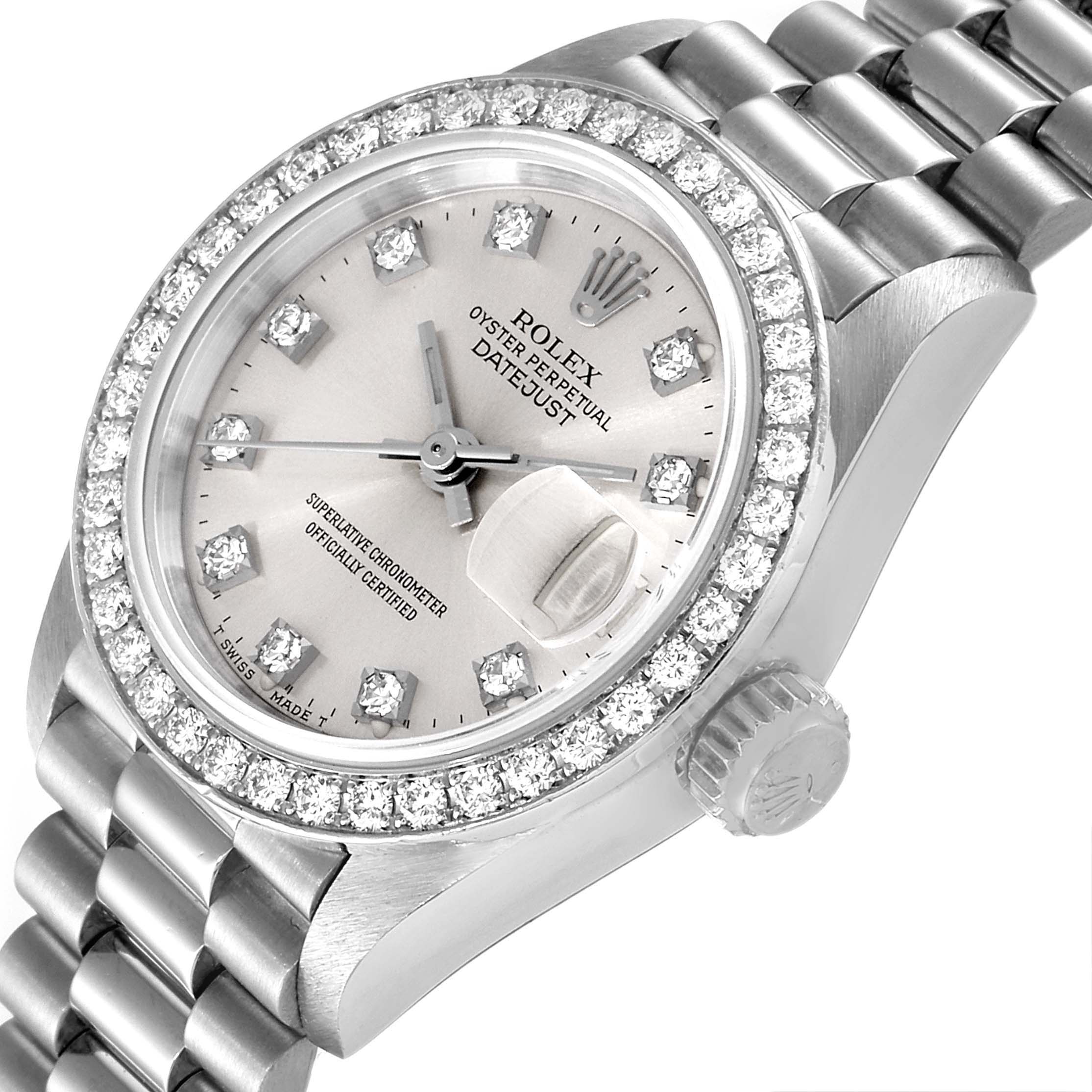 The image shows a Rolex President 69136 Women's Platinum Silver Dial 69136 Women's Platinum Silver Dial model watch at an angle highlighting its face, bezel, crown, and part of the bracelet.