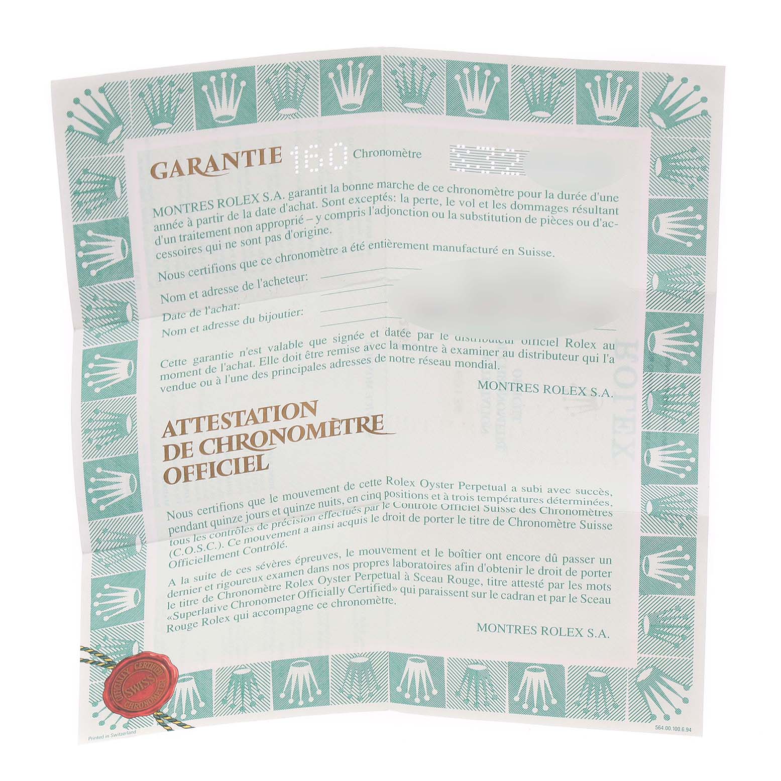 This image shows a warranty card and certificate for a Rolex President 69136 Women's Platinum Silver Dial 69136 Women's Platinum Silver Dial model watch.