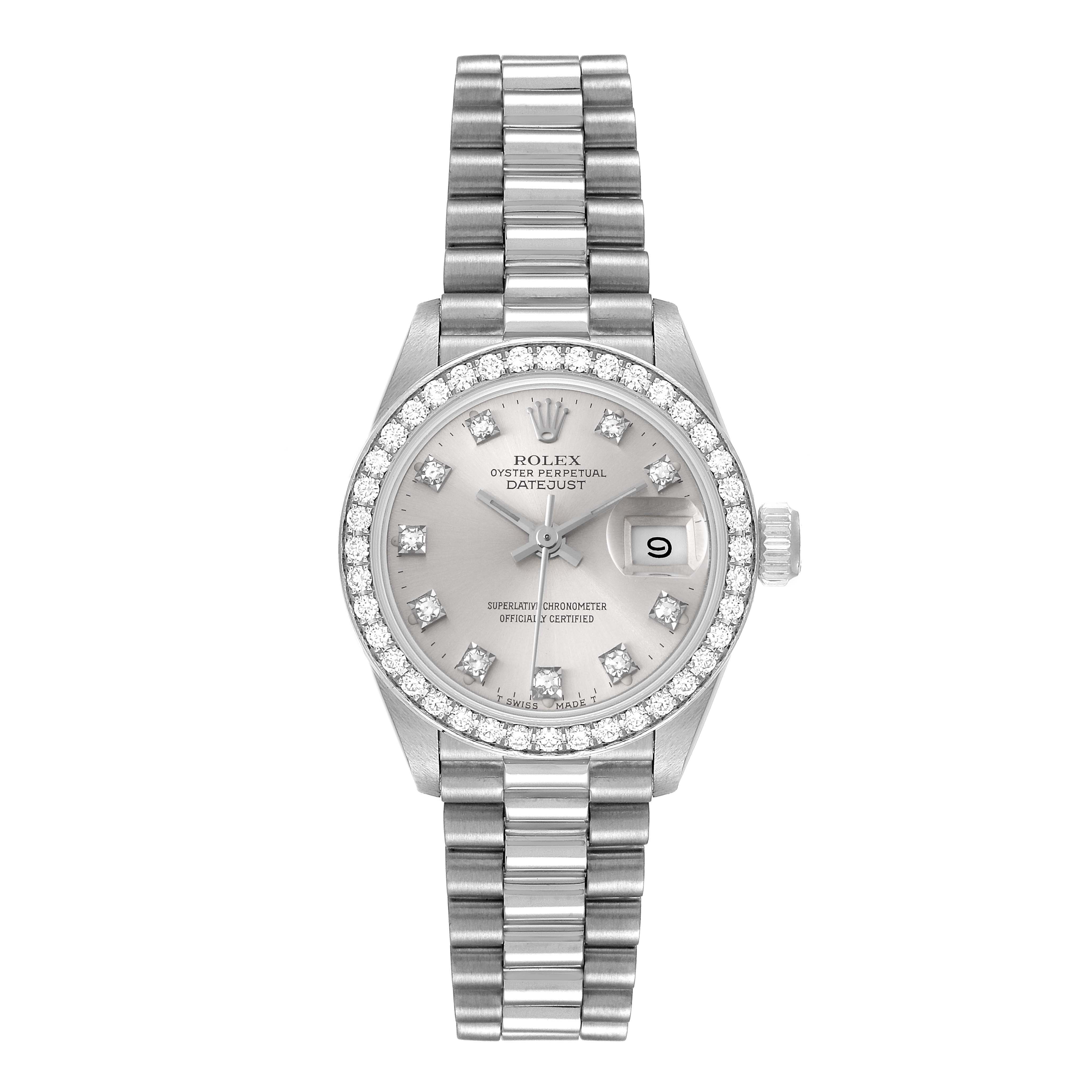 The image shows a front view of a Rolex President 69136 Women's Platinum Silver Dial 69136 Women's Platinum Silver Dial model watch, highlighting its dial, bezel, bracelet, and crown.