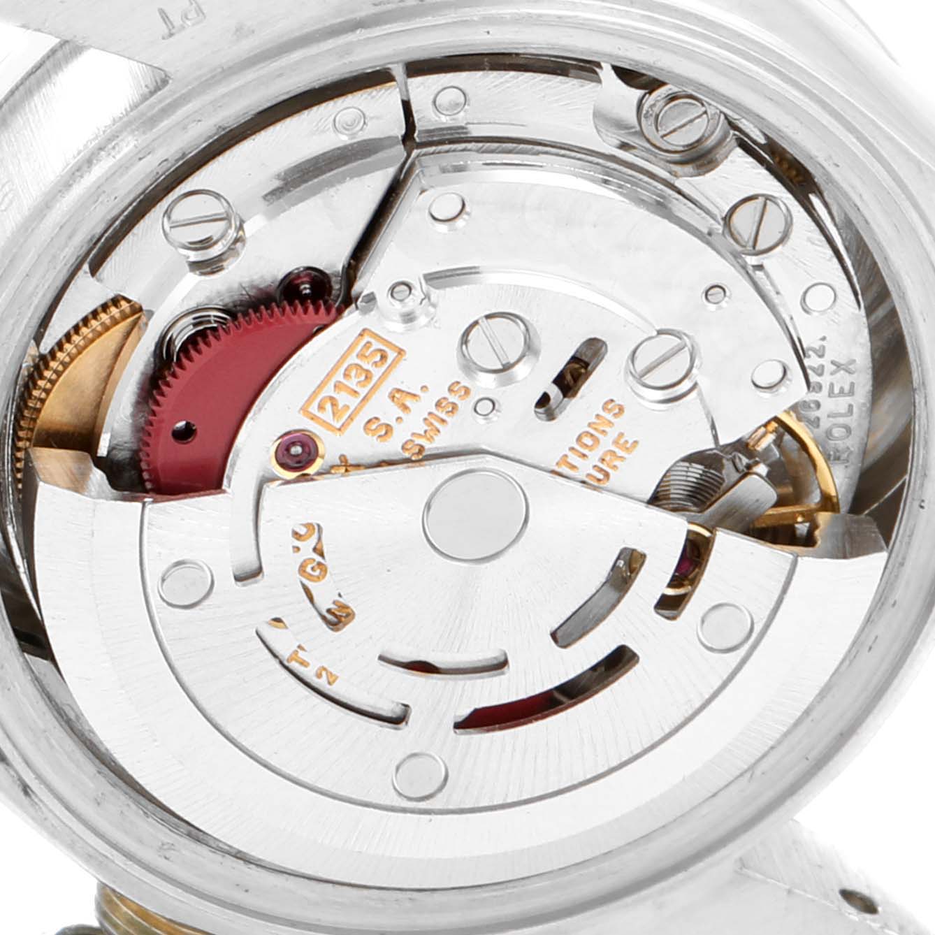 This is a close-up view of the internal mechanism of the Rolex President 69136 Women's Platinum Silver Dial 69136 Women's Platinum Silver Dial model watch.