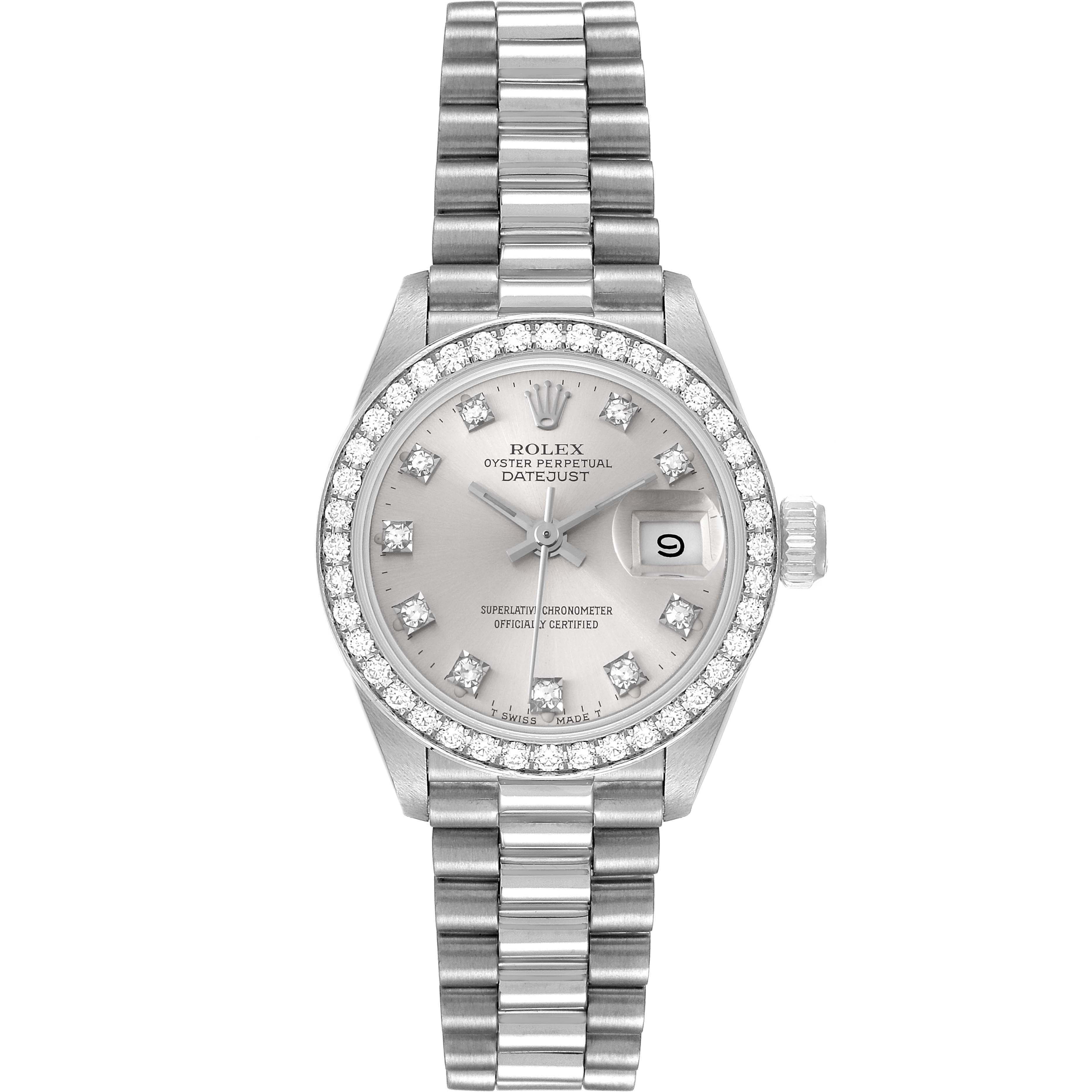 This is a head-on view of a Rolex President 69136 Women's Platinum Silver Dial 69136 Women's Platinum Silver Dial model watch, showing the dial, bezel, crown, and bracelet.