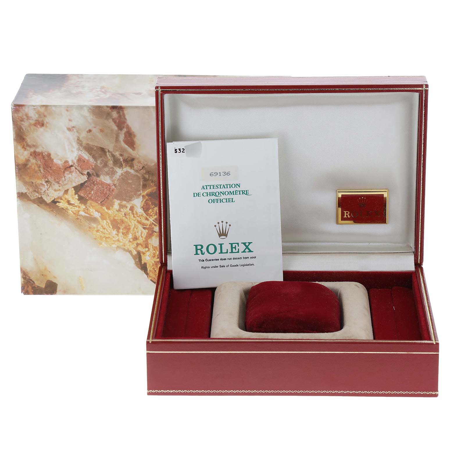 The image shows the packaging and documentation for the Rolex President 69136 Women's Platinum Silver Dial 69136 Women's Platinum Silver Dial model watch.