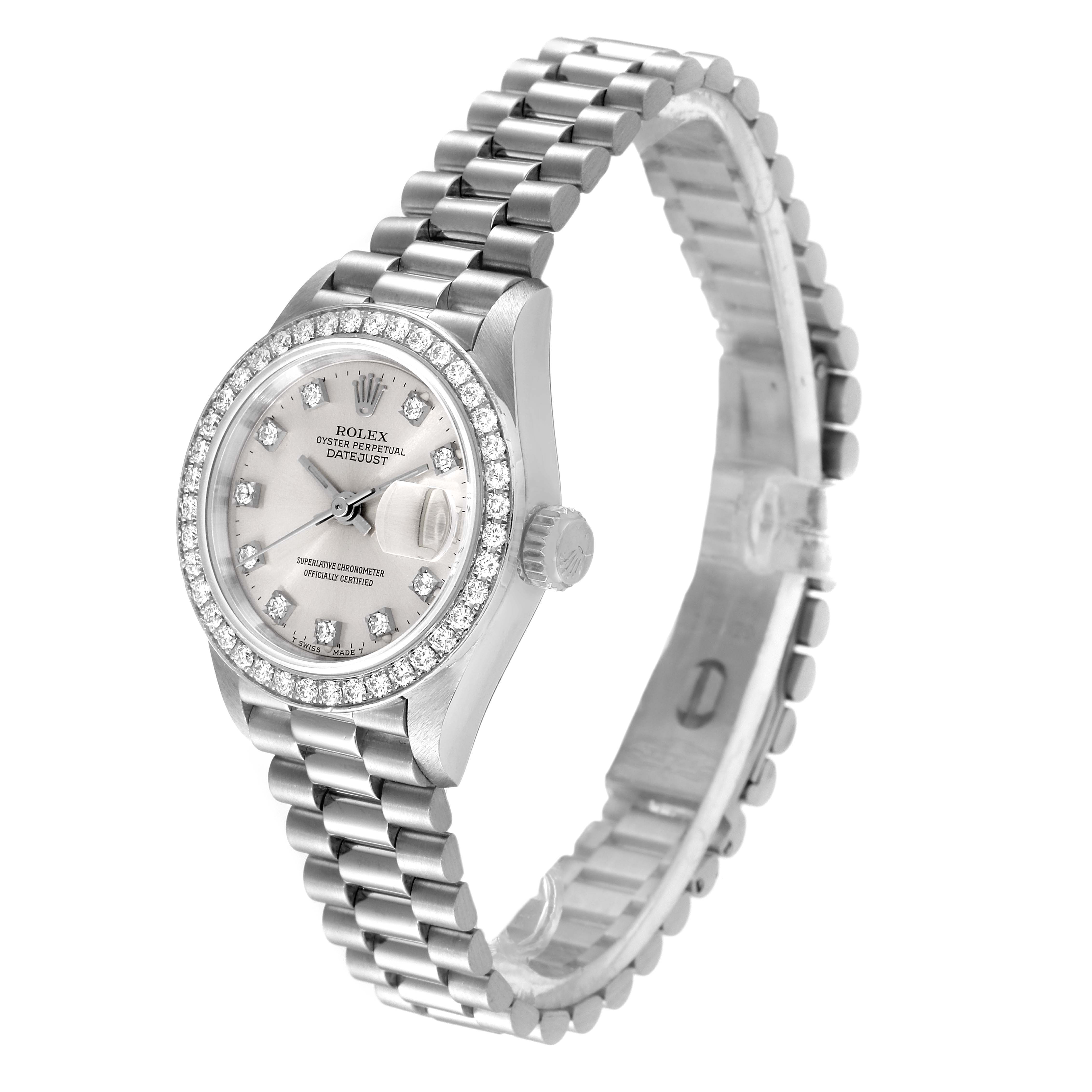 The image shows the Rolex President 69136 Women's Platinum Silver Dial 69136 Women's Platinum Silver Dial model watch at a three-quarter angle, displaying the dial, case, and part of the bracelet.