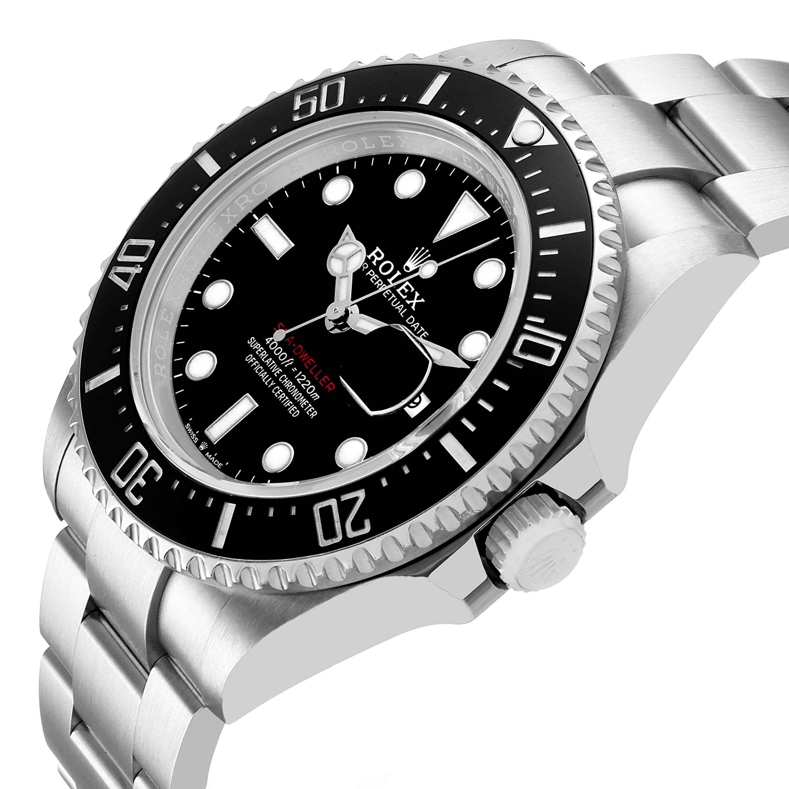 The image shows a Rolex Sea-Dweller 126600 Men's Stainless Steel Black Dial watch at an angled side view, highlighting the dial, bezel, crown, and bracelet.