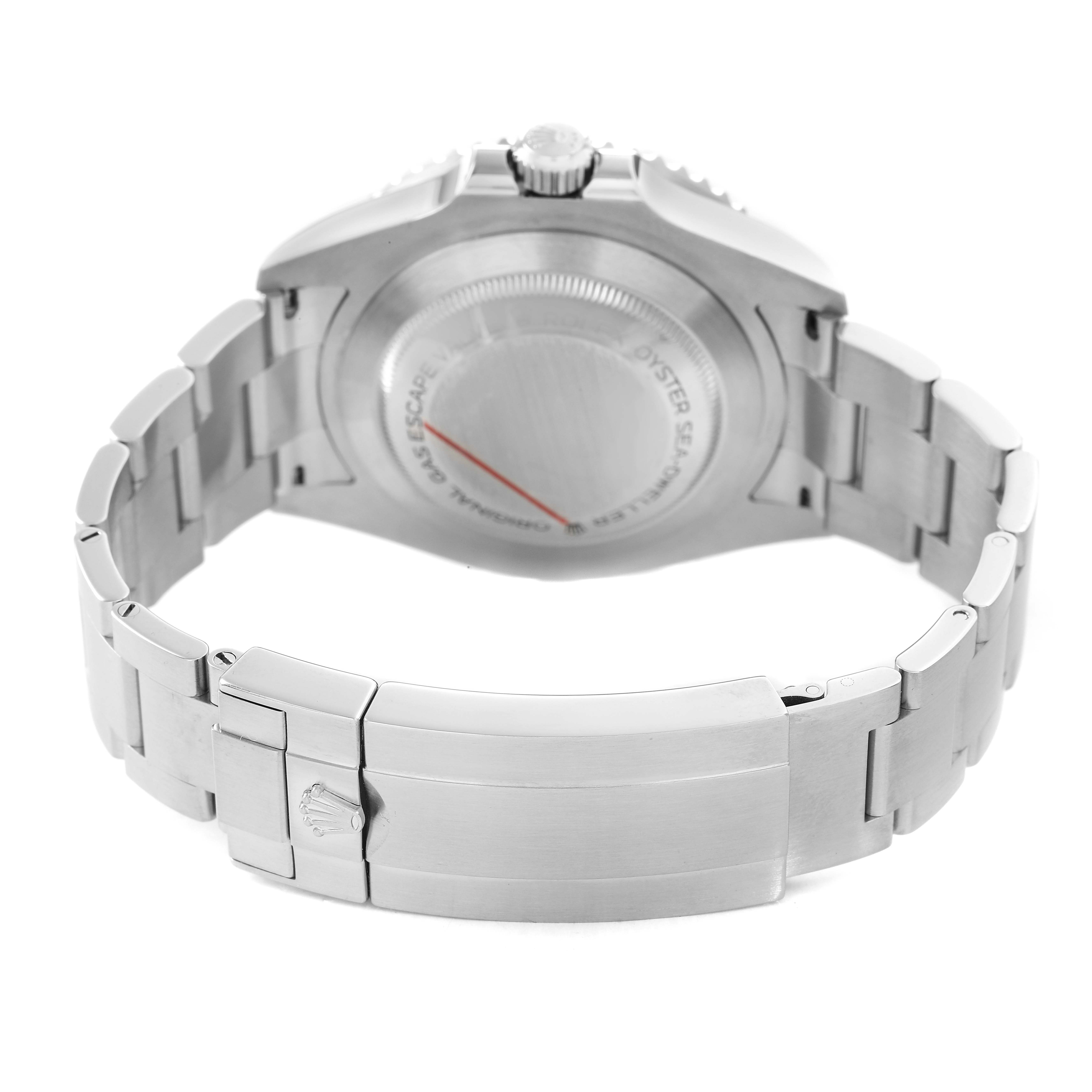 The Rolex Sea-Dweller 126600 Men's Stainless Steel Black Dial watch is shown from the back, highlighting the caseback, bracelet, and clasp.