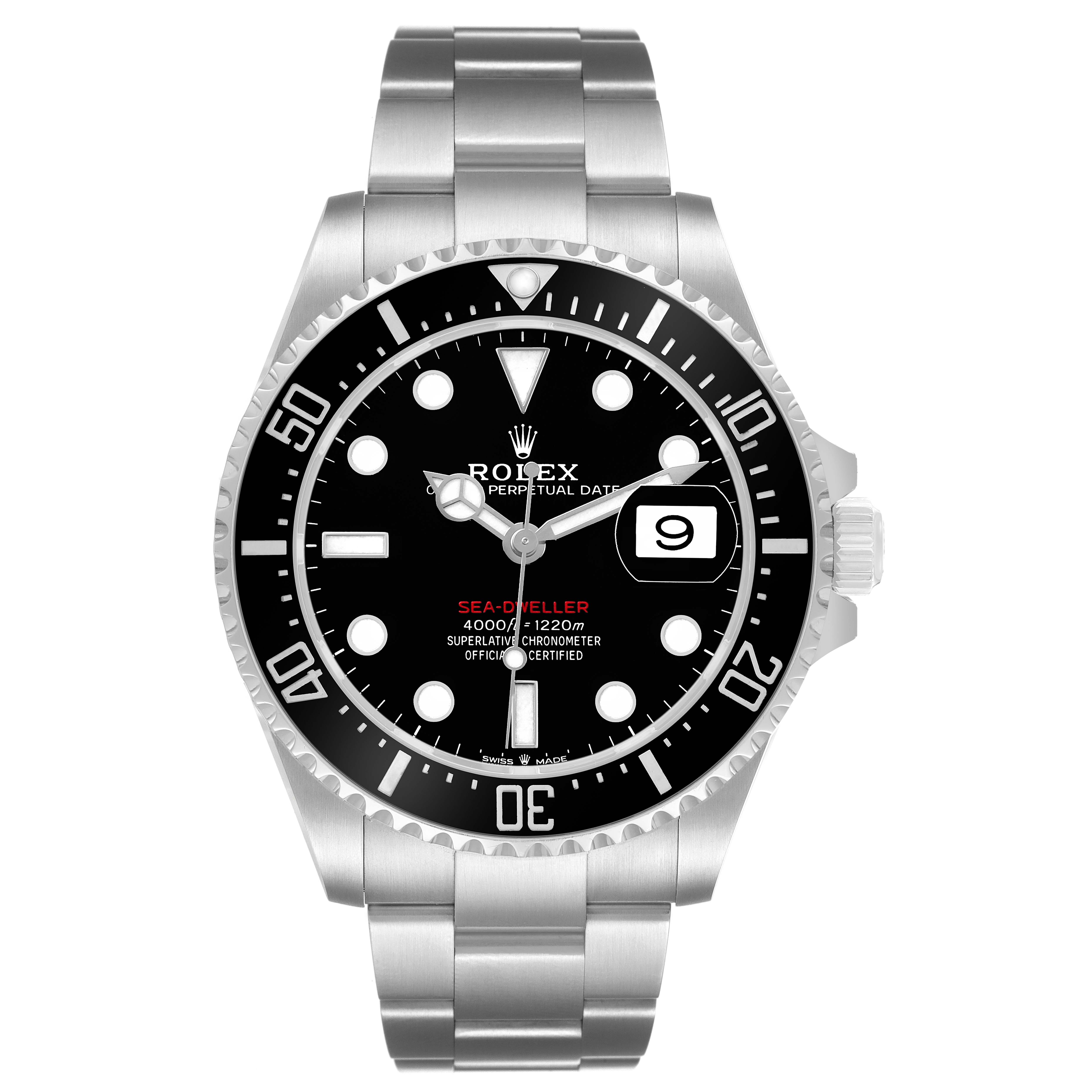 The image shows a front view of the Rolex Sea-Dweller 126600 Men's Stainless Steel Black Dial watch, displaying the dial, bezel, and bracelet in detail.