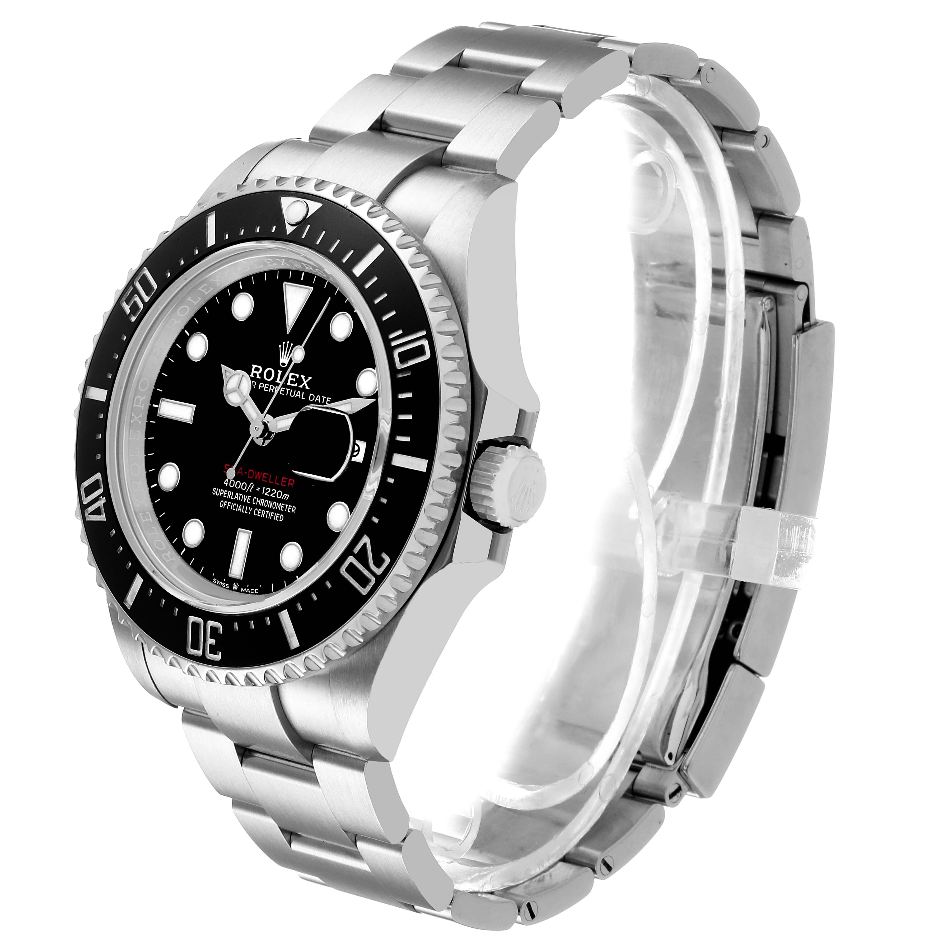 The Rolex Sea-Dweller 126600 Men's Stainless Steel Black Dial watch is shown at an angled side view, displaying the face, bezel, and part of the bracelet.