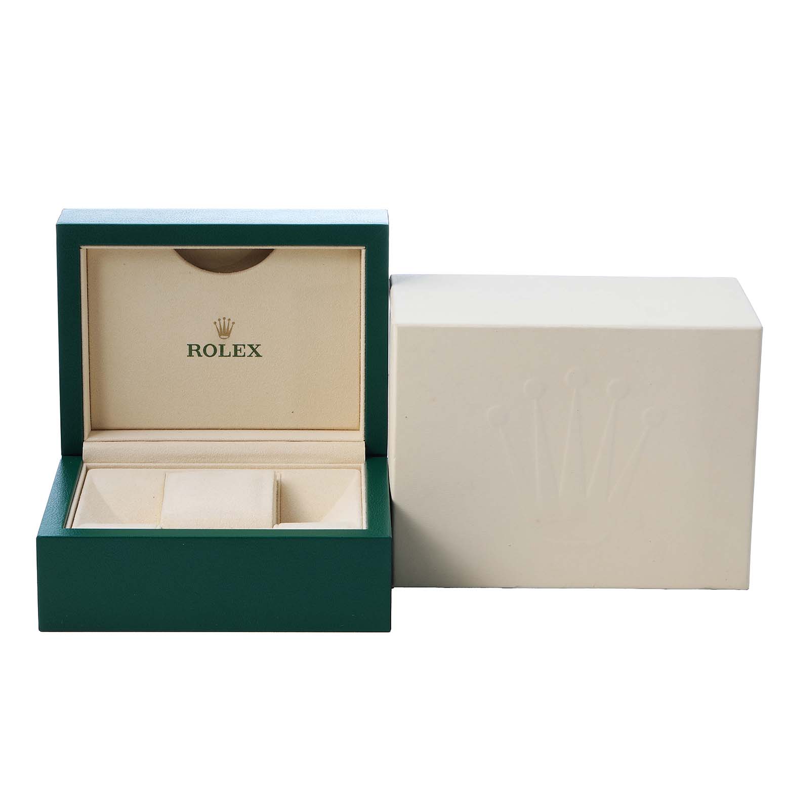 The image shows an open Rolex Sea-Dweller 126600 Men's Stainless Steel Black Dial watch box with the outer cream-colored box beside it.