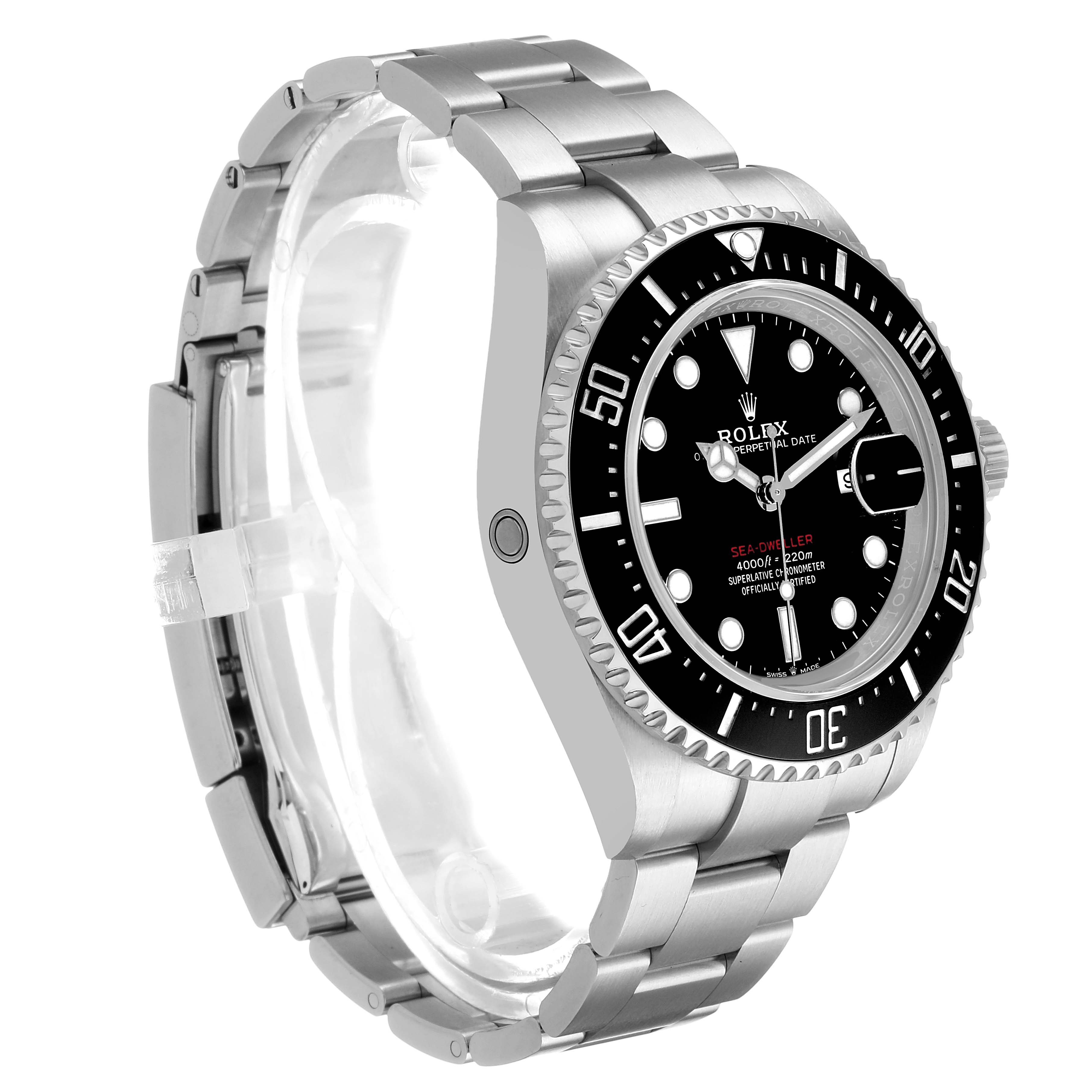 The Rolex Sea-Dweller 126600 Men's Stainless Steel Black Dial watch is shown at a three-quarter angle, highlighting the bezel, dial, and bracelet.