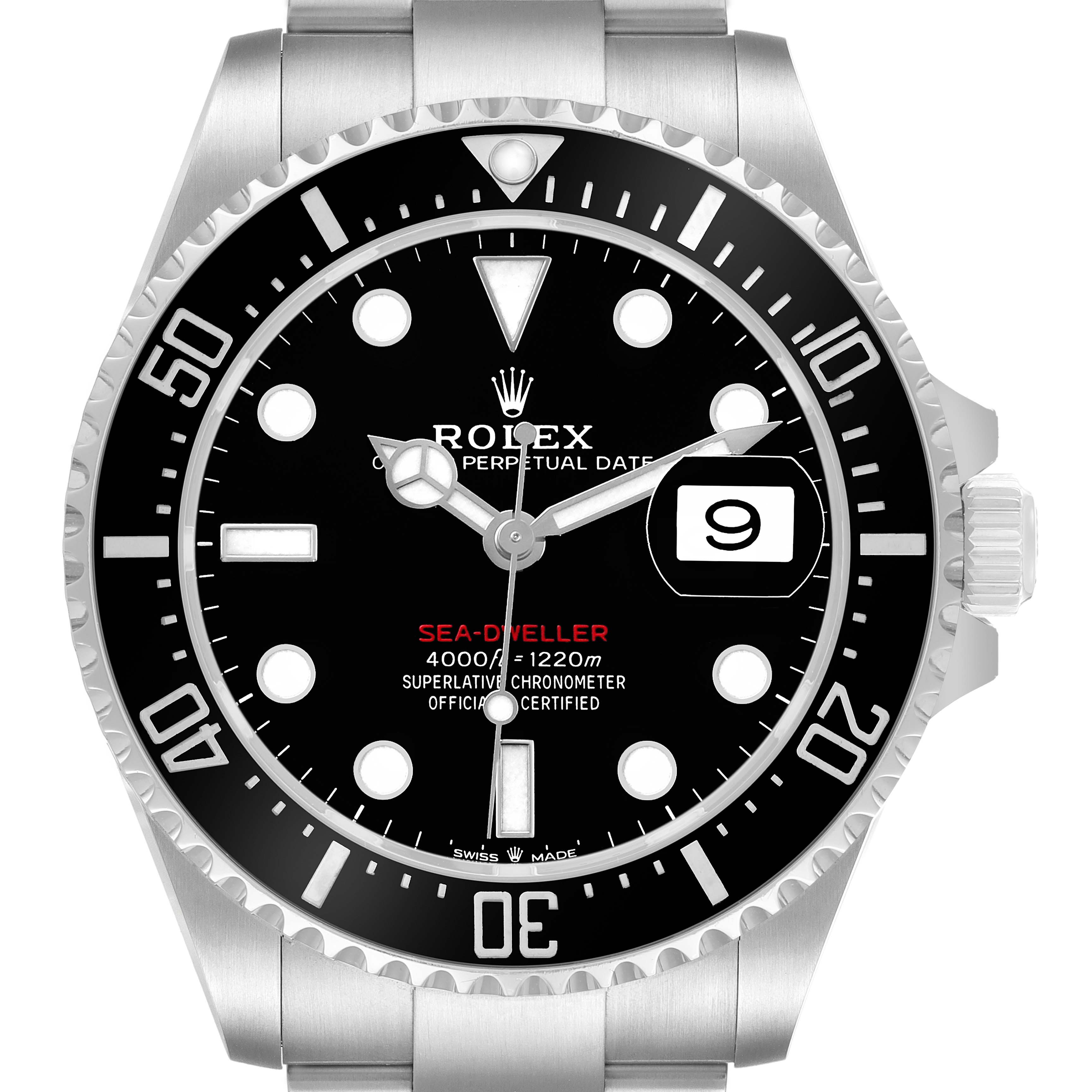 The Rolex Sea-Dweller 126600 Men's Stainless Steel Black Dial watch is shown from the front, displaying the dial, bezel, and part of the bracelet.