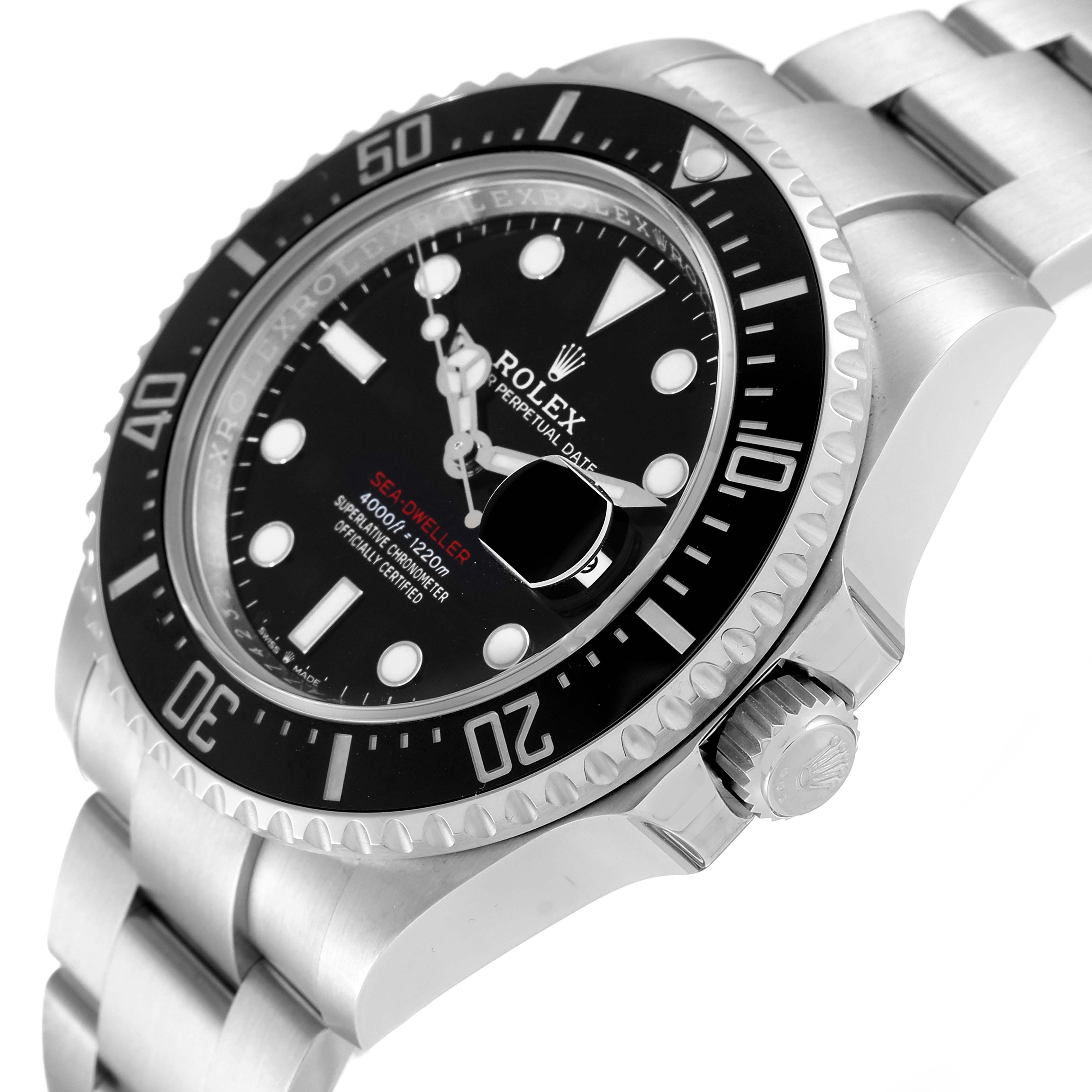 The image shows a side angle of a Rolex Sea-Dweller 126600 Men's Stainless Steel Black Dial 126600 Men's Stainless Steel Black Dial watch, highlighting the bezel, crown, and part of the bracelet.