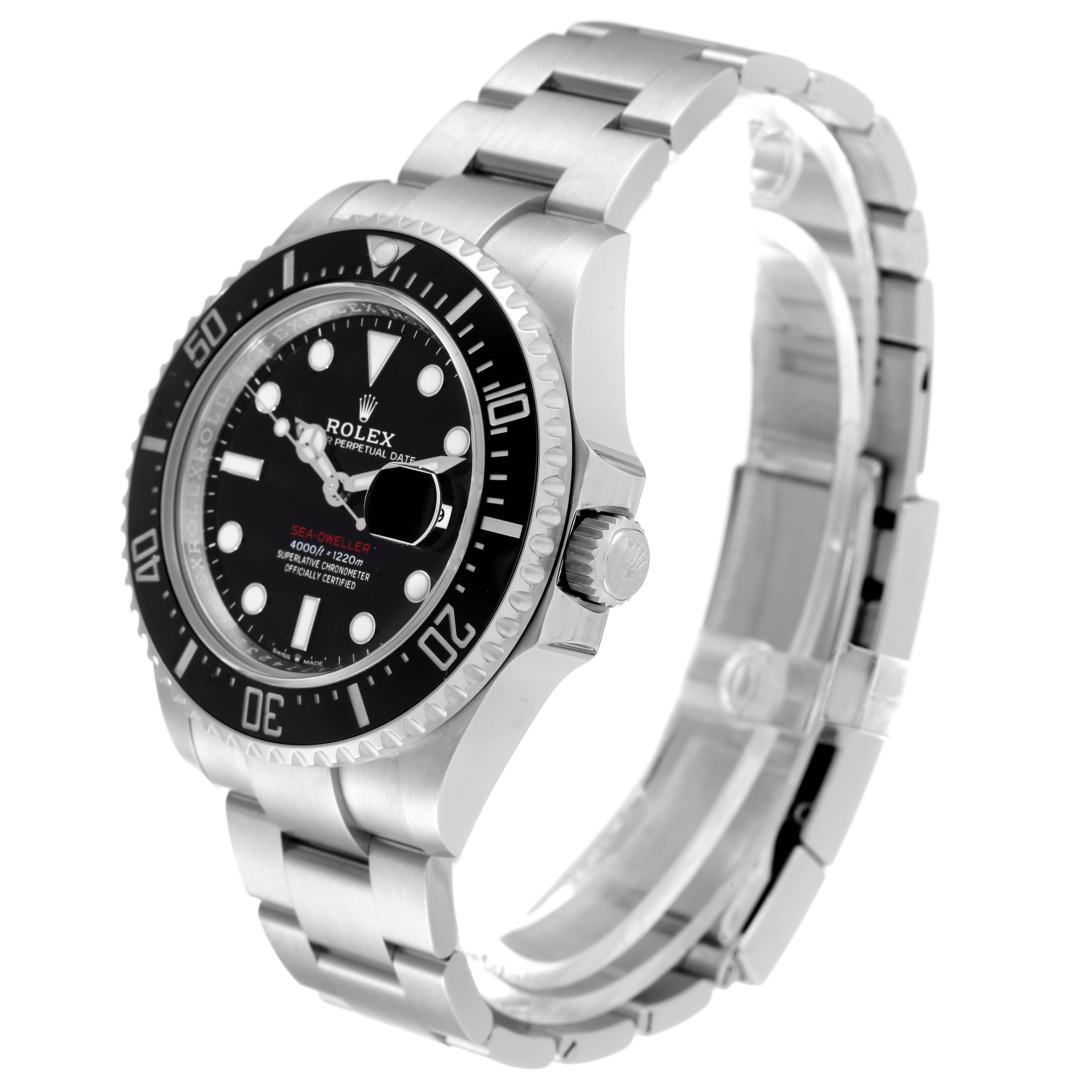 The image shows a Rolex Sea-Dweller 126600 Men's Stainless Steel Black Dial 126600 Men's Stainless Steel Black Dial watch at an angle displaying the dial, bezel, case, crown, and bracelet.