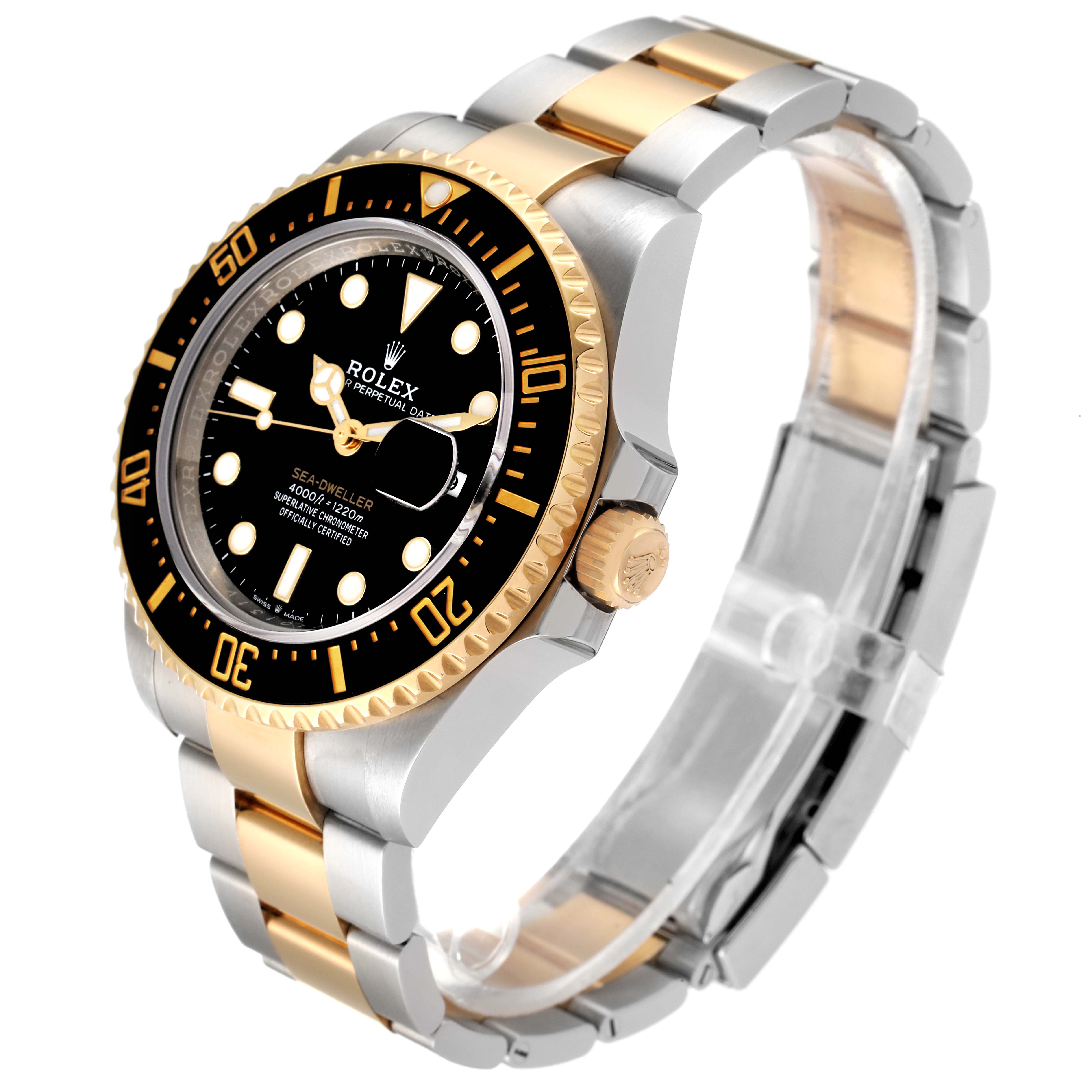 The Rolex Sea-Dweller 126603 Men's Steel and Gold (two tone) Black Dial 126603 Men's Steel and Gold (two tone) Black Dial watch is shown at a three-quarter angle, displaying its gold and silver bracelet, black dial, and gold accents.