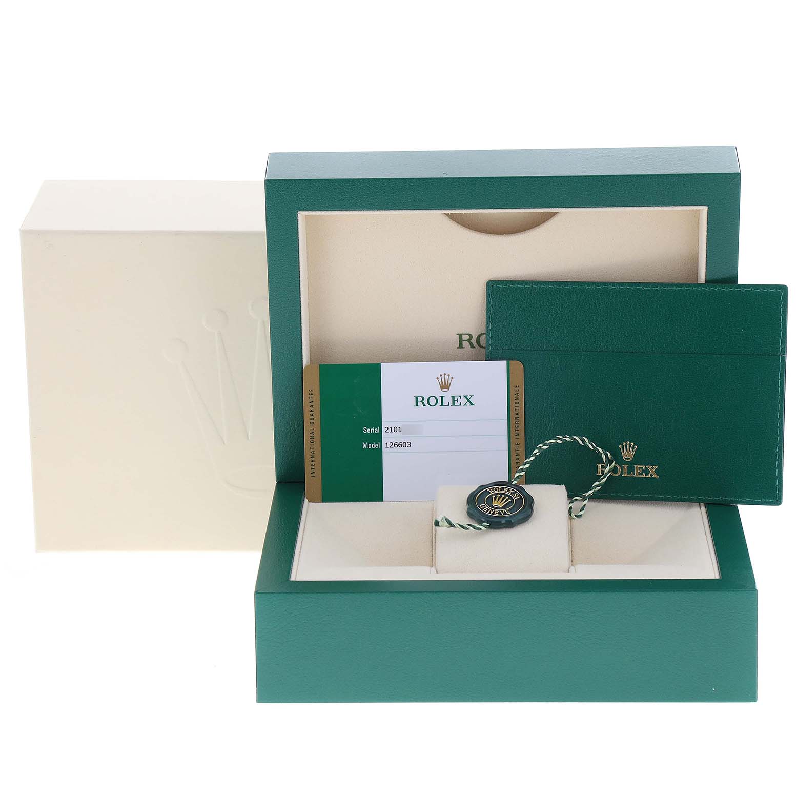 The image shows the packaging and accessories for a Rolex Sea-Dweller 126603 Men's Steel and Gold (two tone) Black Dial 126603 Men's Steel and Gold (two tone) Black Dial watch, including the box, warranty card, and cardholder.