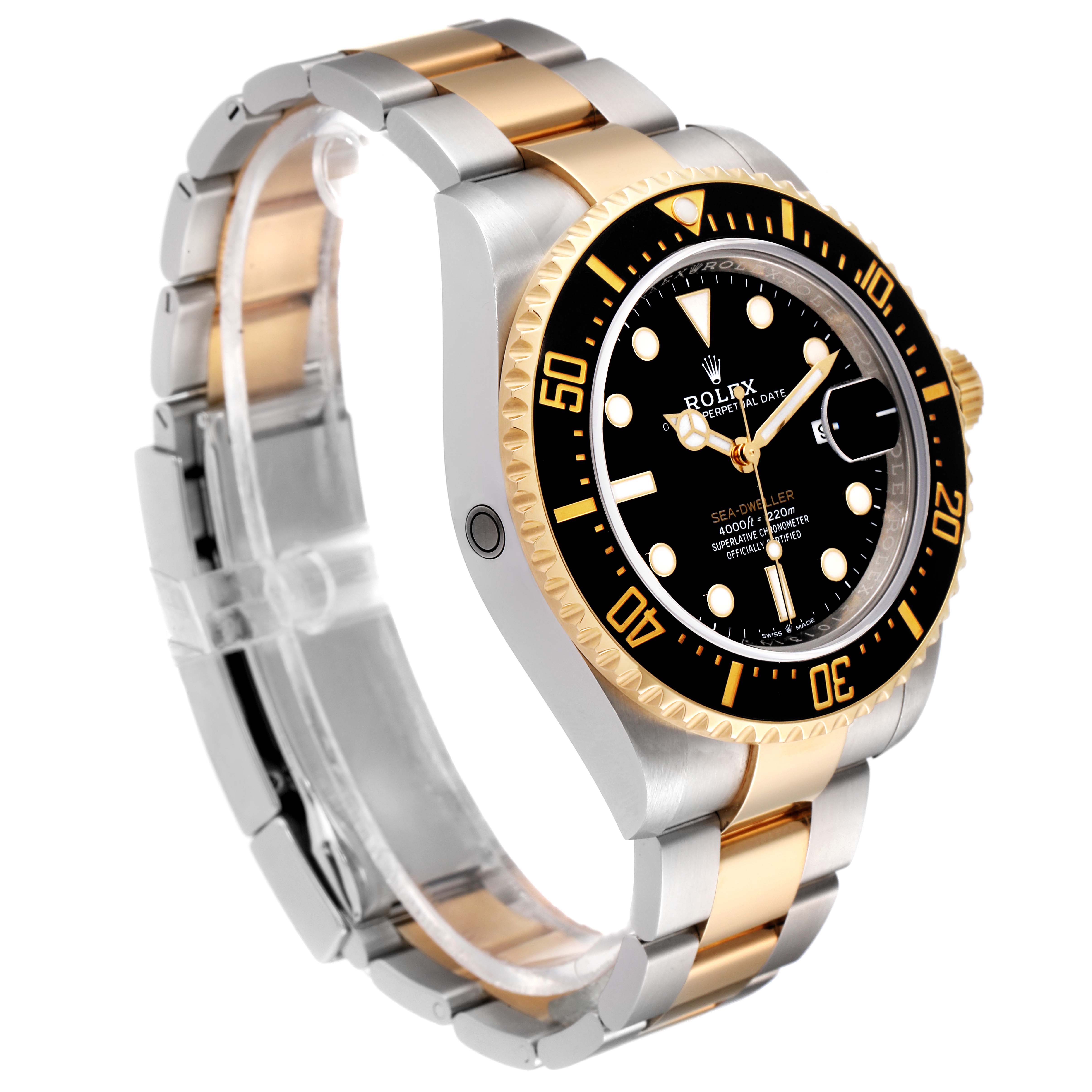 The image shows a side angle of the Rolex Sea-Dweller 126603 Men's Steel and Gold (two tone) Black Dial 126603 Men's Steel and Gold (two tone) Black Dial watch, highlighting its gold and silver bracelet, black dial, and bezel.