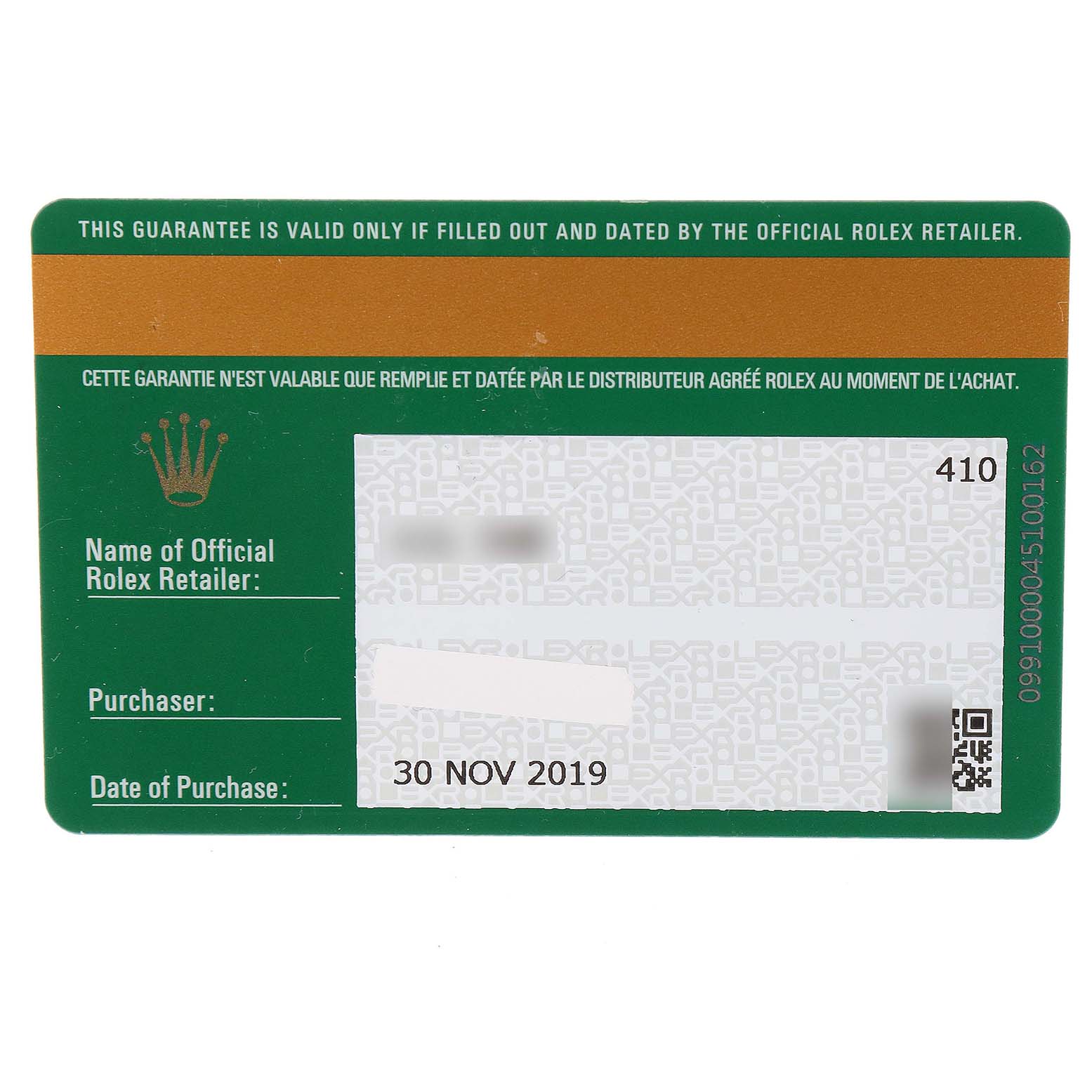 This image shows the official guarantee card for the Rolex Sea-Dweller 126603 Men's Steel and Gold (two tone) Black Dial 126603 Men's Steel and Gold (two tone) Black Dial model, displaying the retailer's name, purchaser's name, and date of purchase.