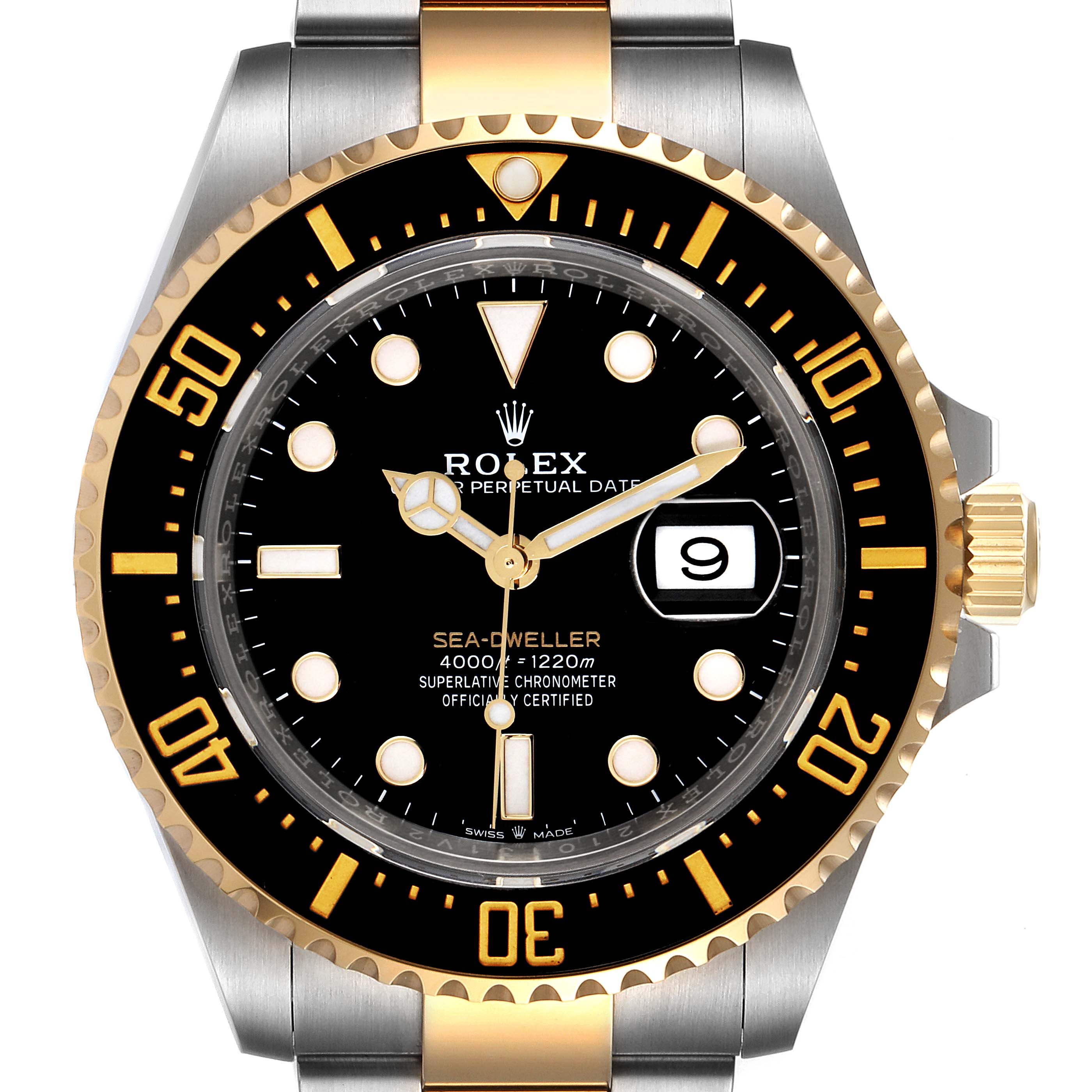 This image shows a front view of the Rolex Sea-Dweller 126603 Men's Steel and Gold (two tone) Black Dial 126603 Men's Steel and Gold (two tone) Black Dial watch, highlighting its face, bezel, and part of the bracelet.