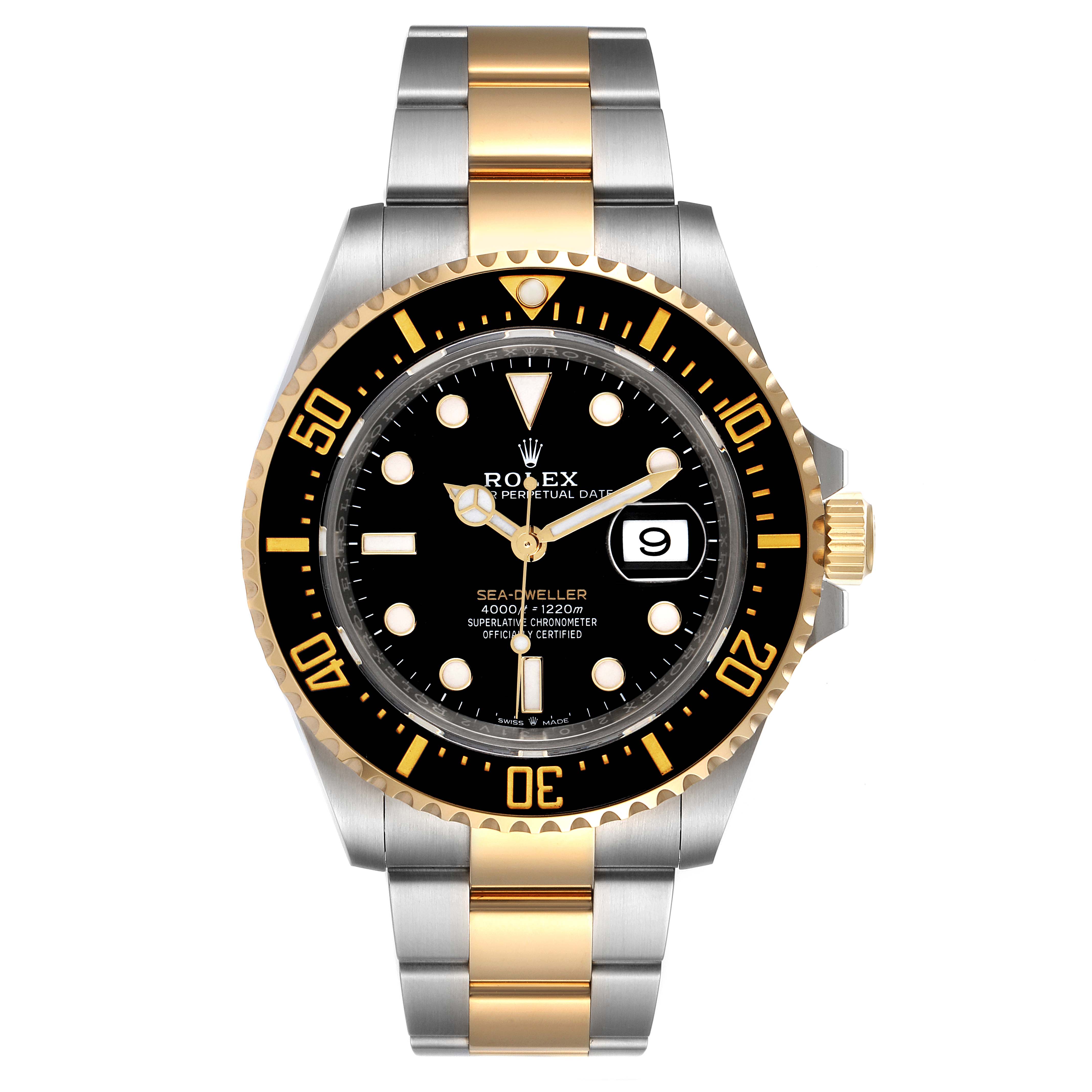 This image shows a front view of the Rolex Sea-Dweller 126603 Men's Steel and Gold (two tone) Black Dial 126603 Men's Steel and Gold (two tone) Black Dial watch, displaying the dial, bezel, and bracelet.