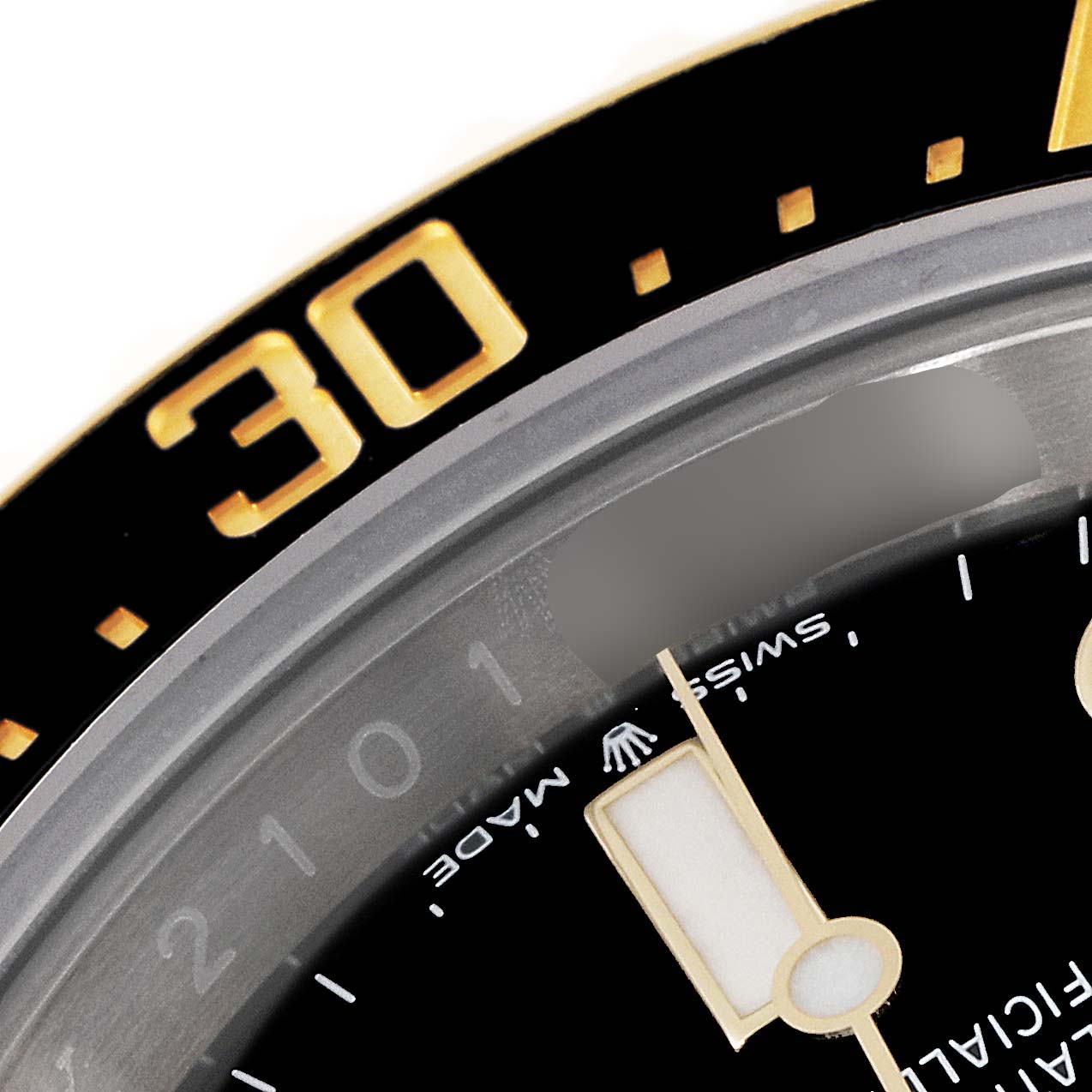 The image shows a close-up angle of the Rolex Sea-Dweller 126603 Men's Steel and Gold (two tone) Black Dial 126603 Men's Steel and Gold (two tone) Black Dial watch, focusing on the bezel and part of the dial with the minute hand.