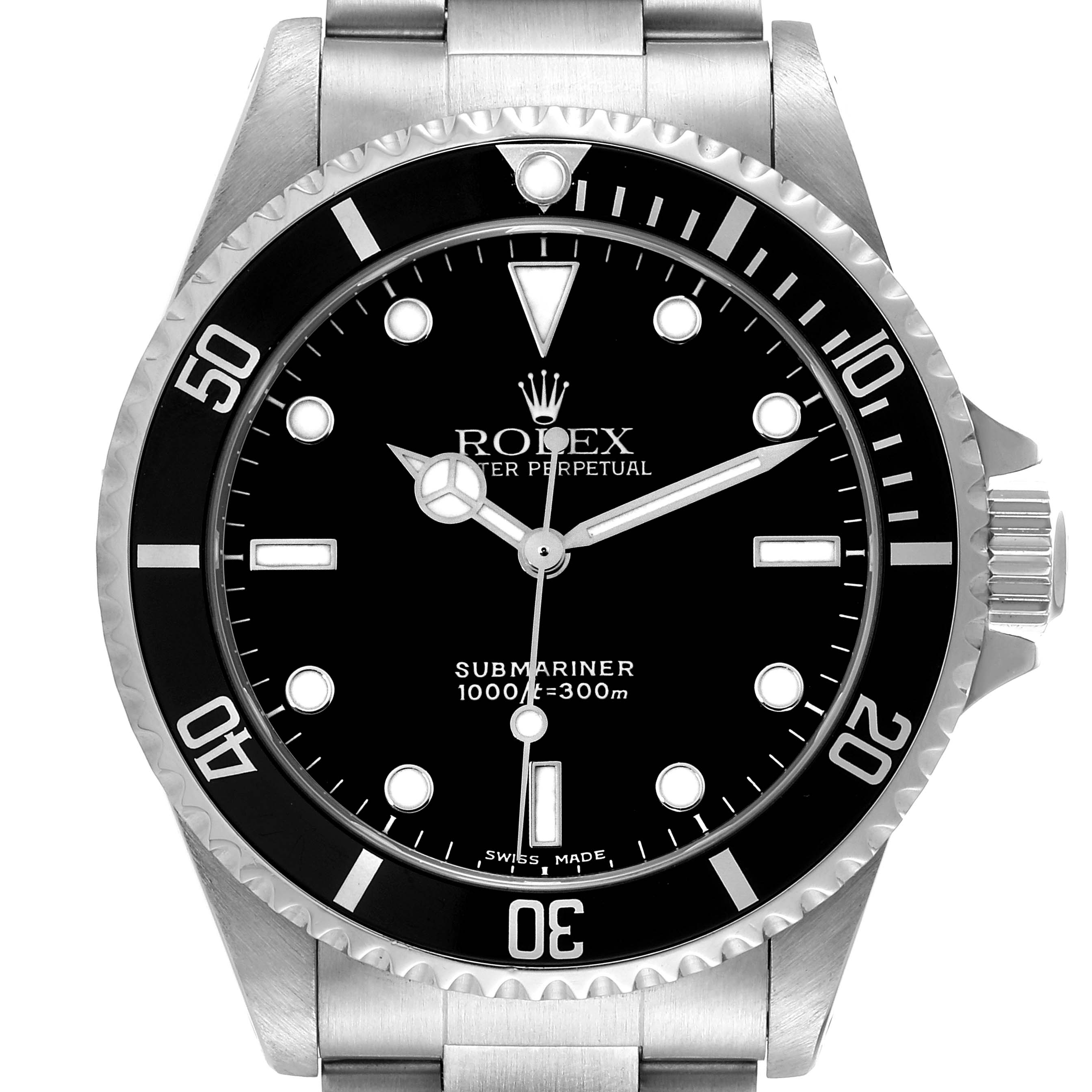 The image shows a front view of the Rolex Submariner 14060 Men's Stainless Steel Black Dial 14060 Men's Stainless Steel Black Dial, highlighting its black dial, rotating bezel, and stainless steel bracelet.