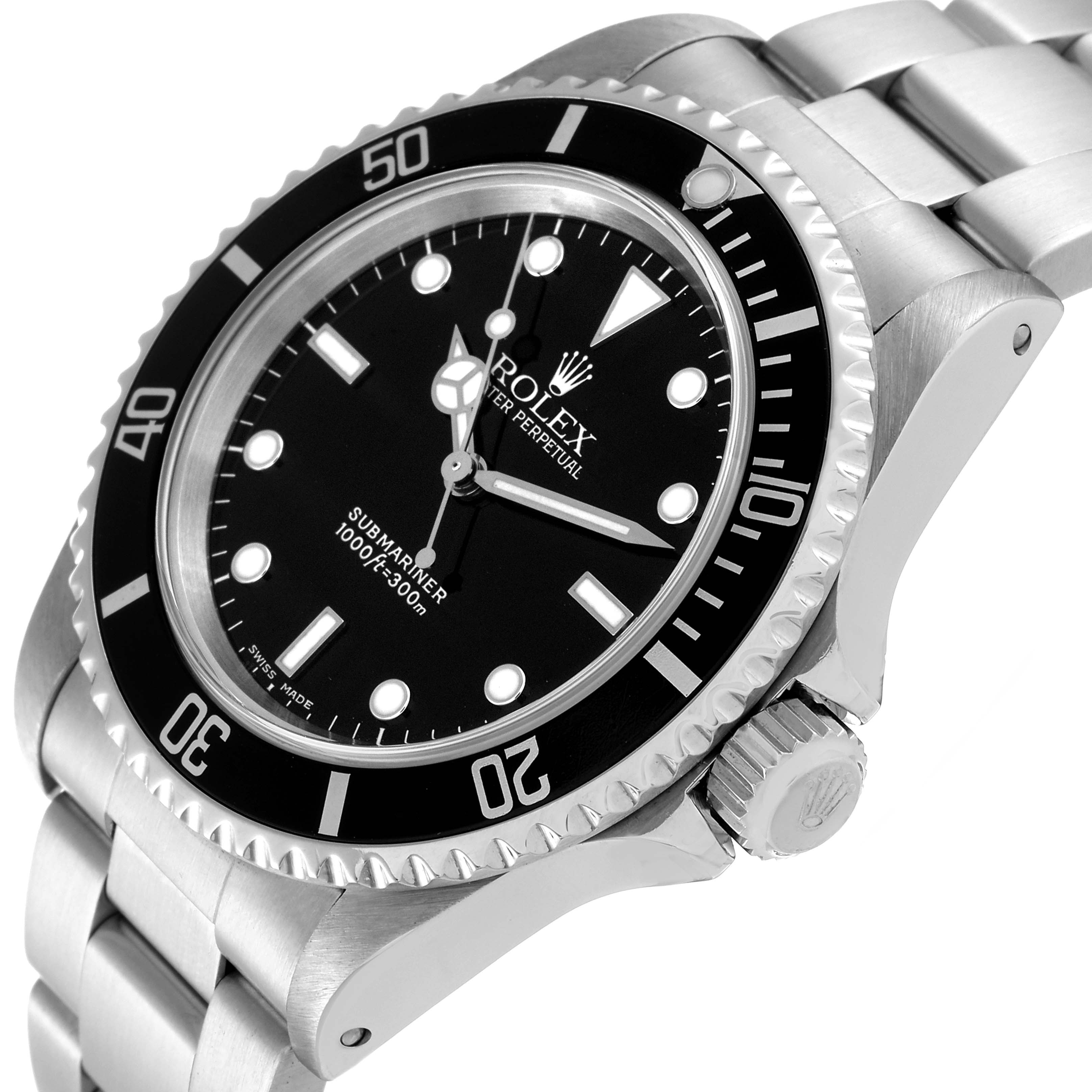 The image shows a side and partial front view of a Rolex Submariner 14060 Men's Stainless Steel Black Dial 14060 Men's Stainless Steel Black Dial watch, highlighting its bezel, dial, and bracelet.