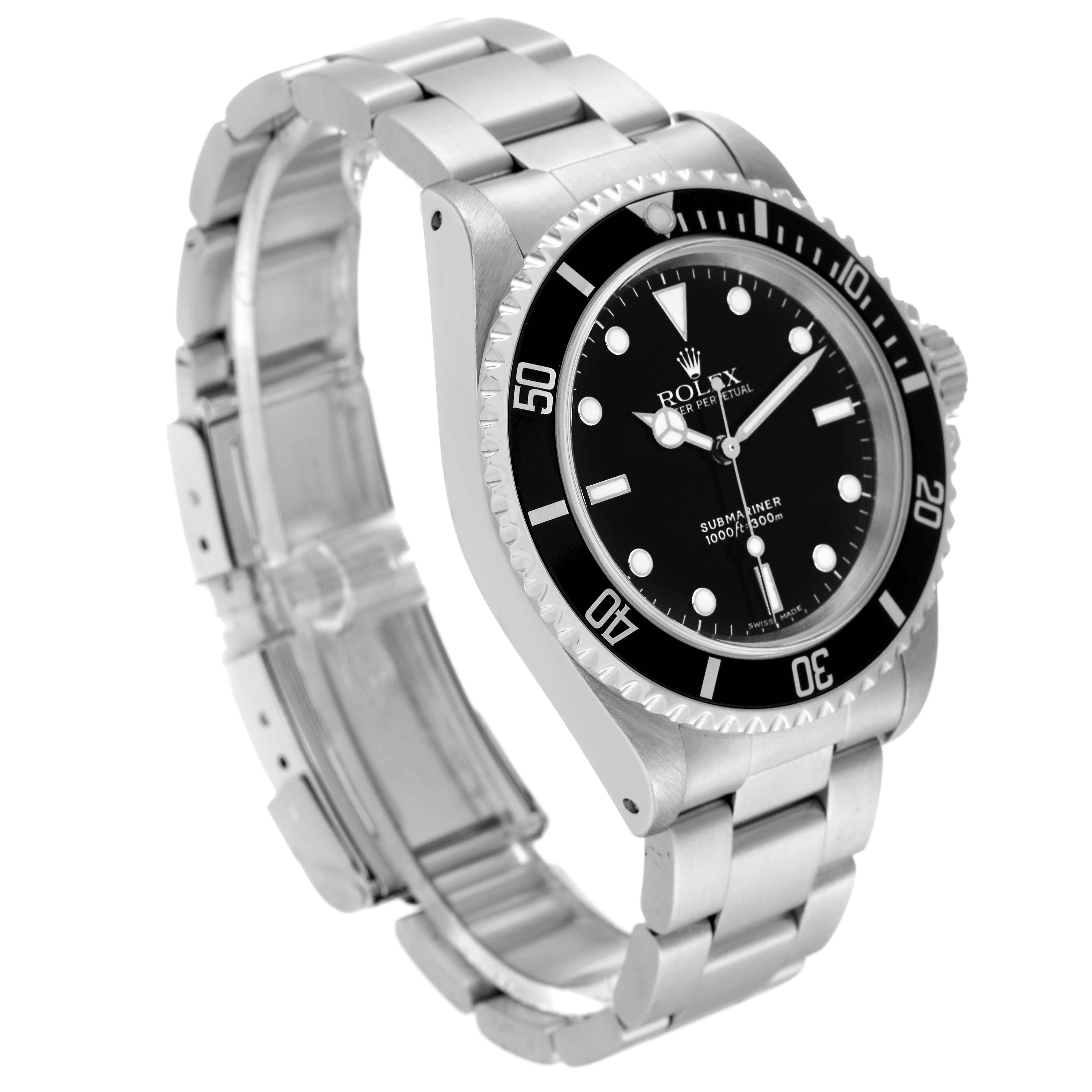 The Rolex Submariner 14060 Men's Stainless Steel Black Dial 14060 Men's Stainless Steel Black Dial watch is shown at a slight angle, highlighting its face, bezel, and bracelet.