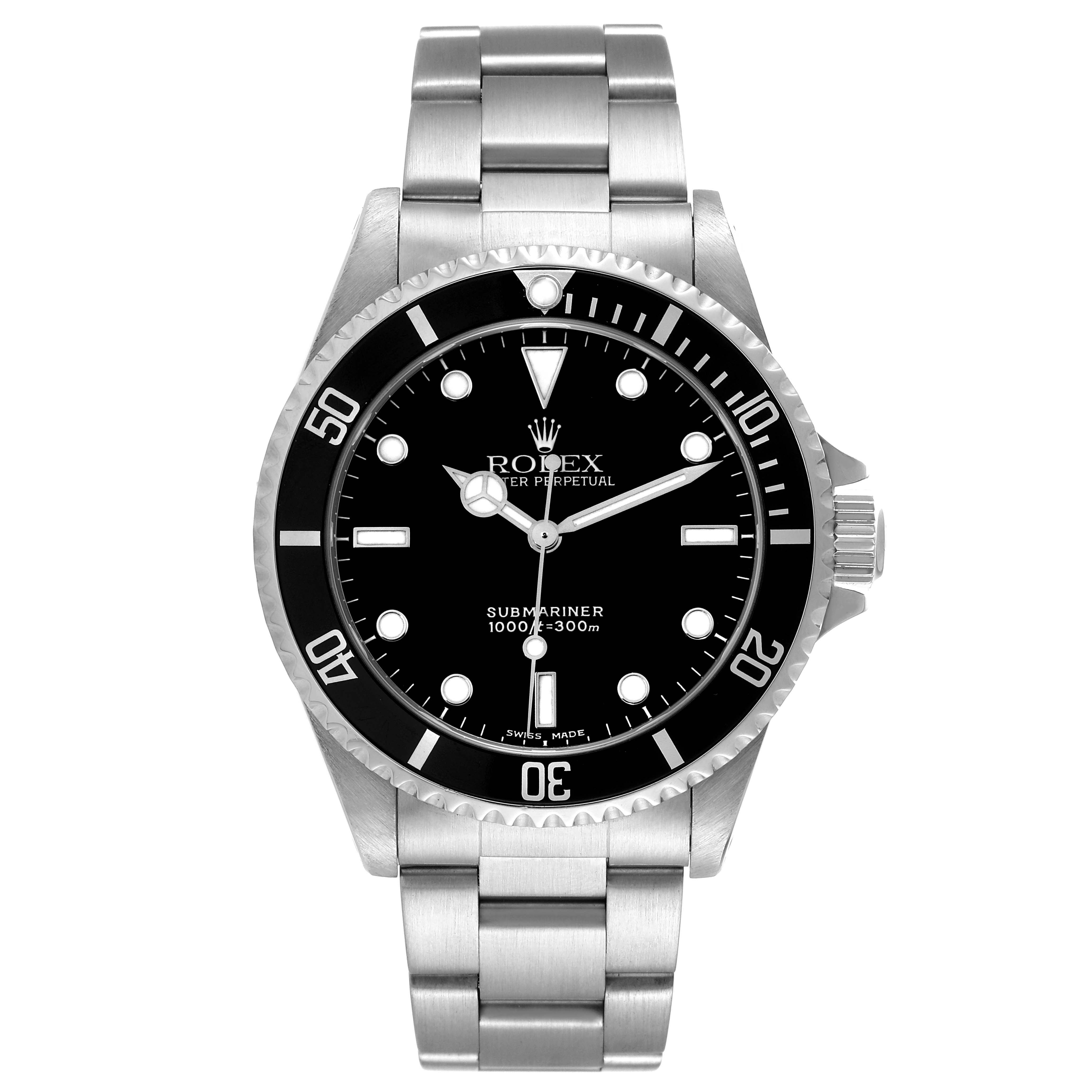 The image shows a front view of a Rolex Submariner 14060 Men's Stainless Steel Black Dial 14060 Men's Stainless Steel Black Dial watch, highlighting its black dial, bezel, and stainless steel band.