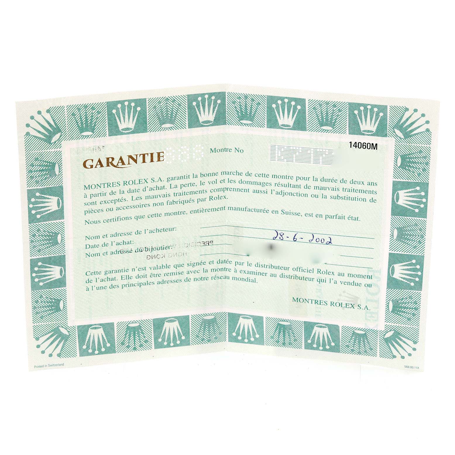 This image shows a warranty certificate for the Rolex Submariner 14060 Men's Stainless Steel Black Dial 14060 Men's Stainless Steel Black Dial model.