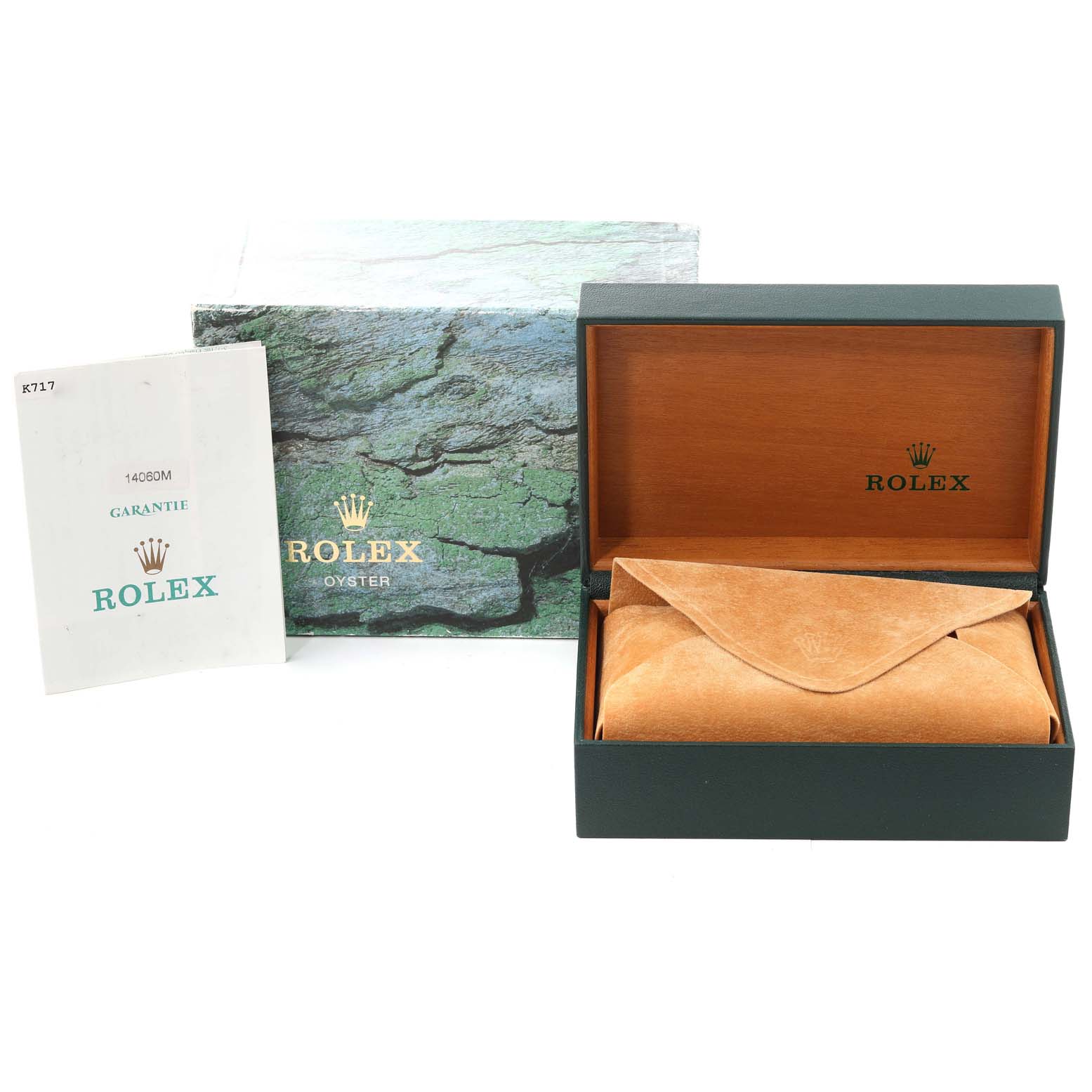 The image shows the packaging, warranty booklet, and a leather pouch of the Rolex Submariner 14060 Men's Stainless Steel Black Dial 14060 Men's Stainless Steel Black Dial watch.