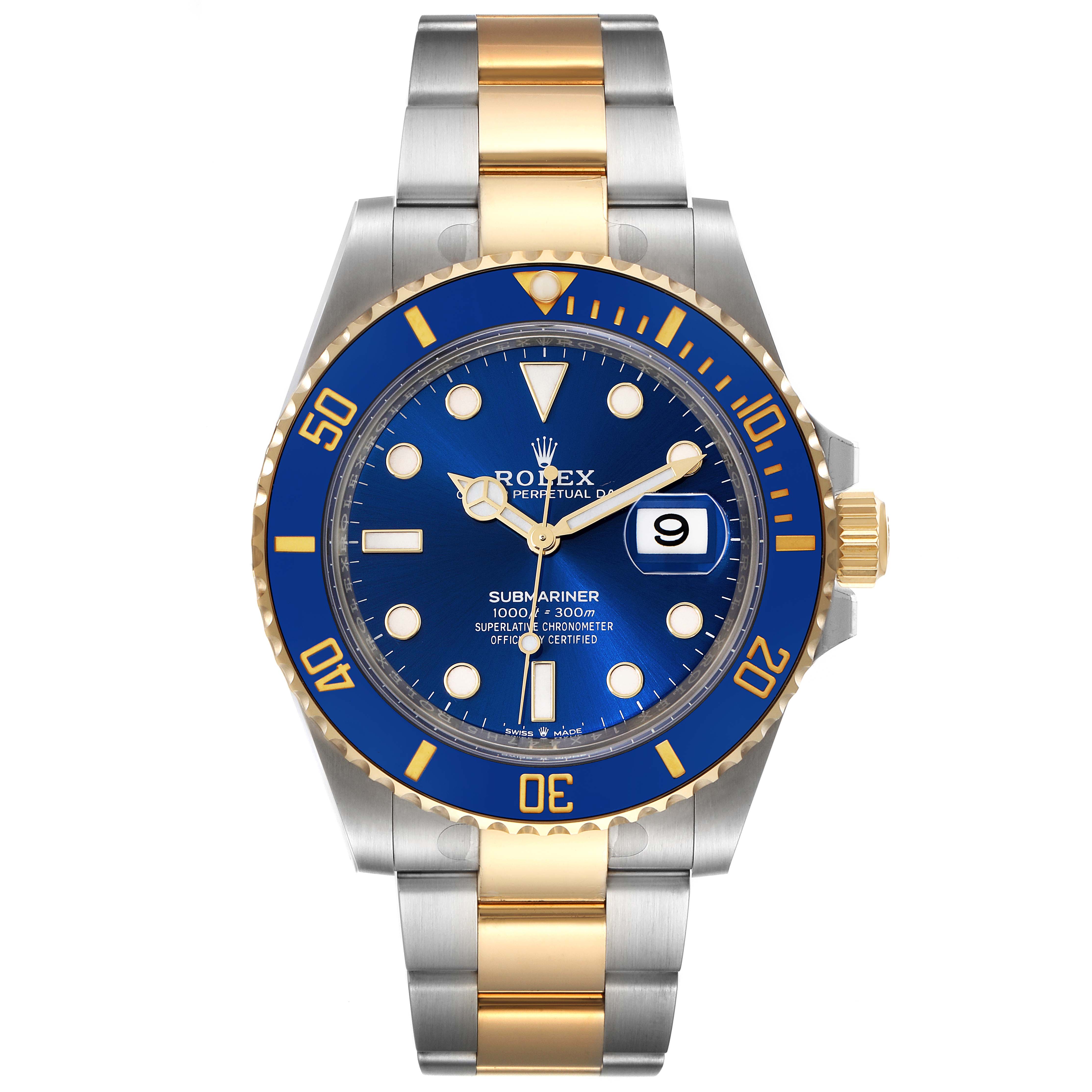 The image shows a front view of a Rolex Submariner 126613 Men
s Steel and Gold (two tone) Blue Dial 126613 Men
s Steel and Gold (two tone) Blue Dial watch with a blue bezel, blue dial, and gold and silver bracelet.