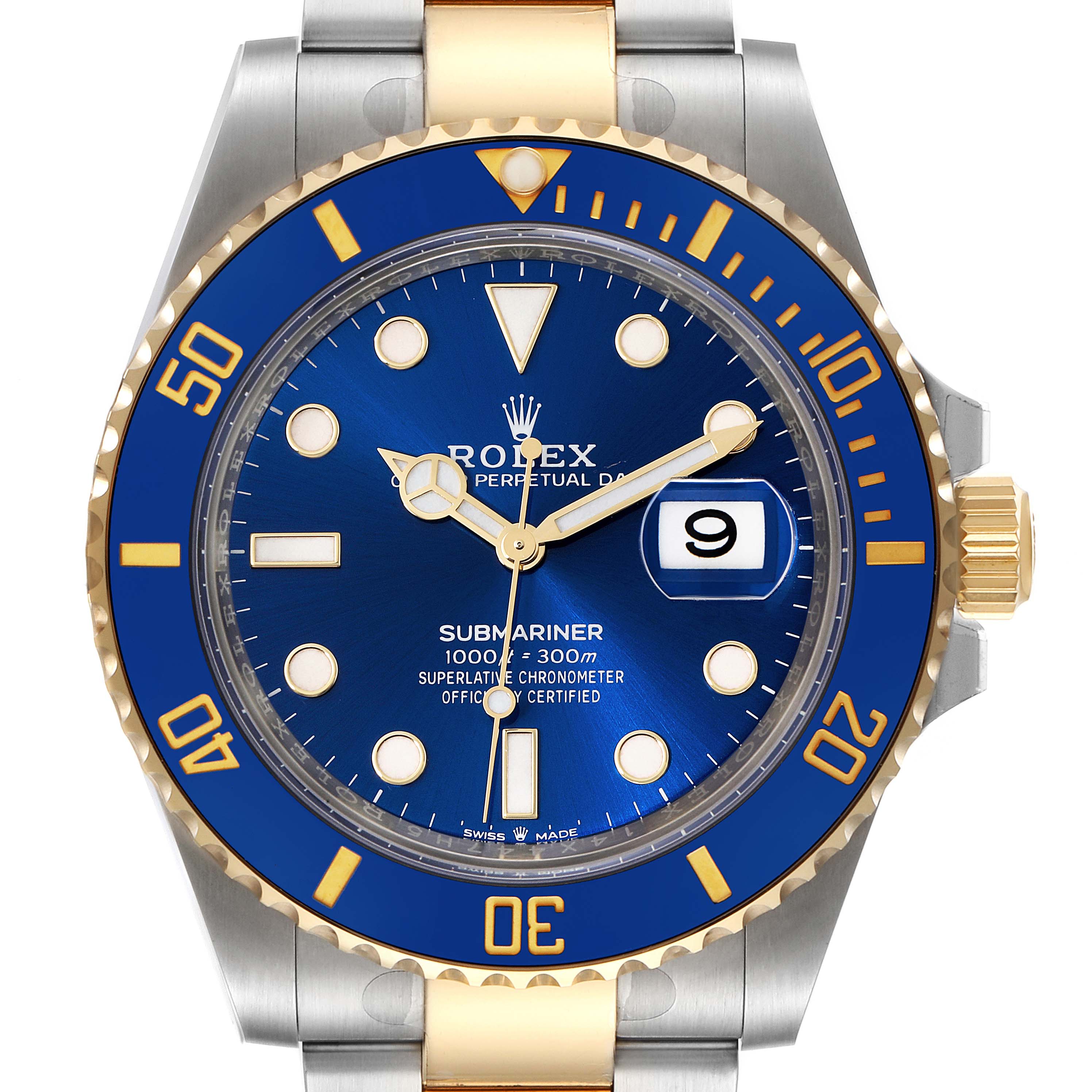 The image shows a front view of the Rolex Submariner 126613 Men
s Steel and Gold (two tone) Blue Dial 126613 Men
s Steel and Gold (two tone) Blue Dial watch, highlighting its blue dial, two-tone bezel, and bracelet.