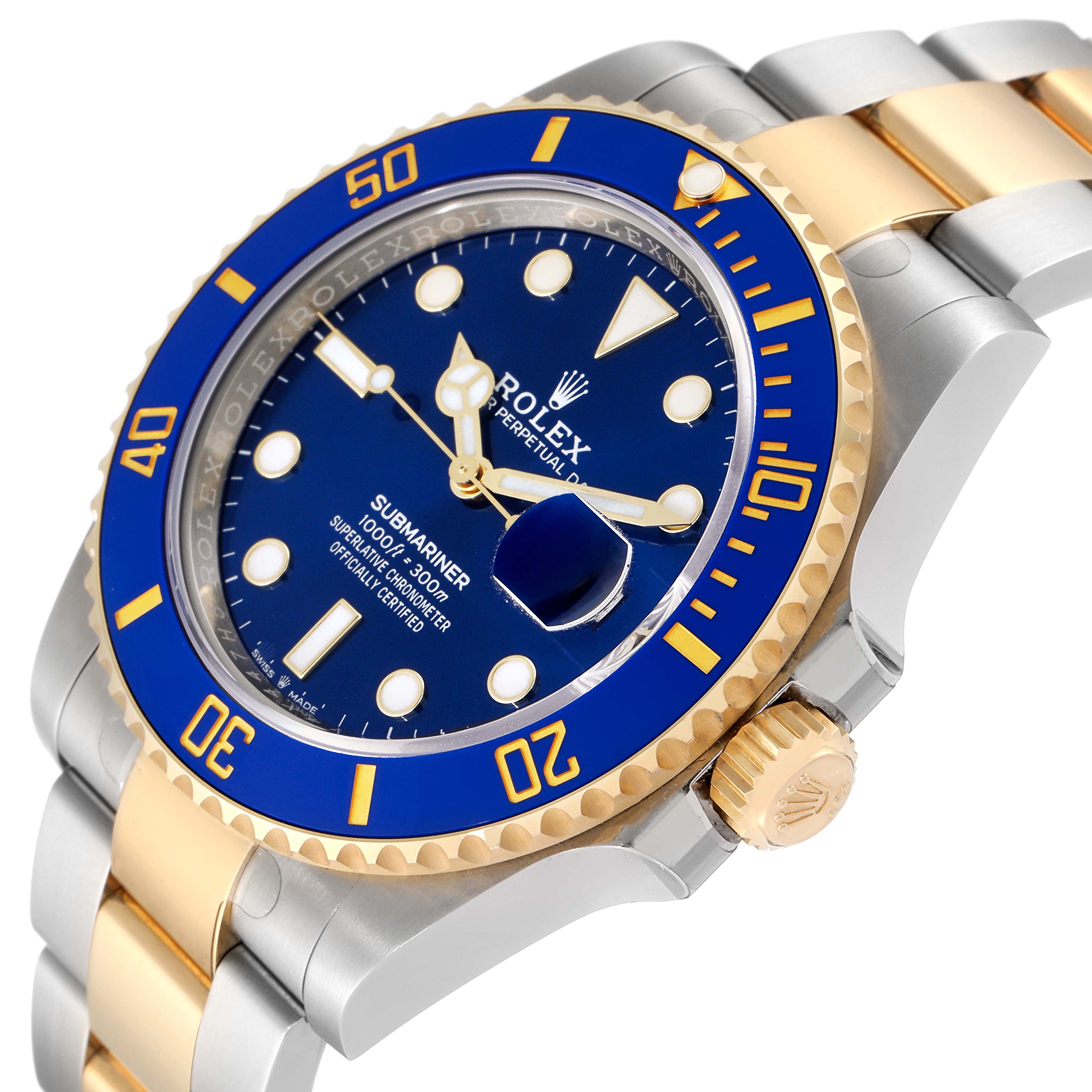 The image shows a close-up of a Rolex Submariner 126613 Men
s Steel and Gold (two tone) Blue Dial 126613 Men
s Steel and Gold (two tone) Blue Dial, highlighting the gold crown, bezel, and blue dial and bezel insert.