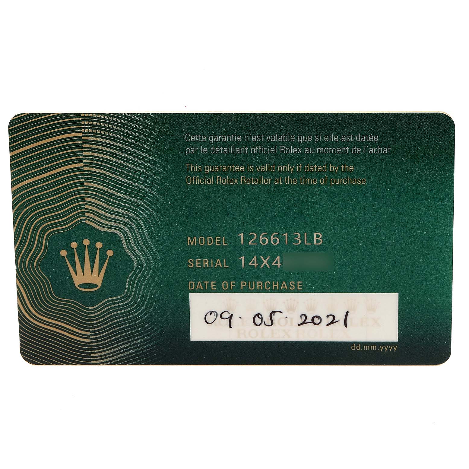 This is a warranty card for the Submariner model 126613LB by Rolex, showing model, serial number, and date of purchase.