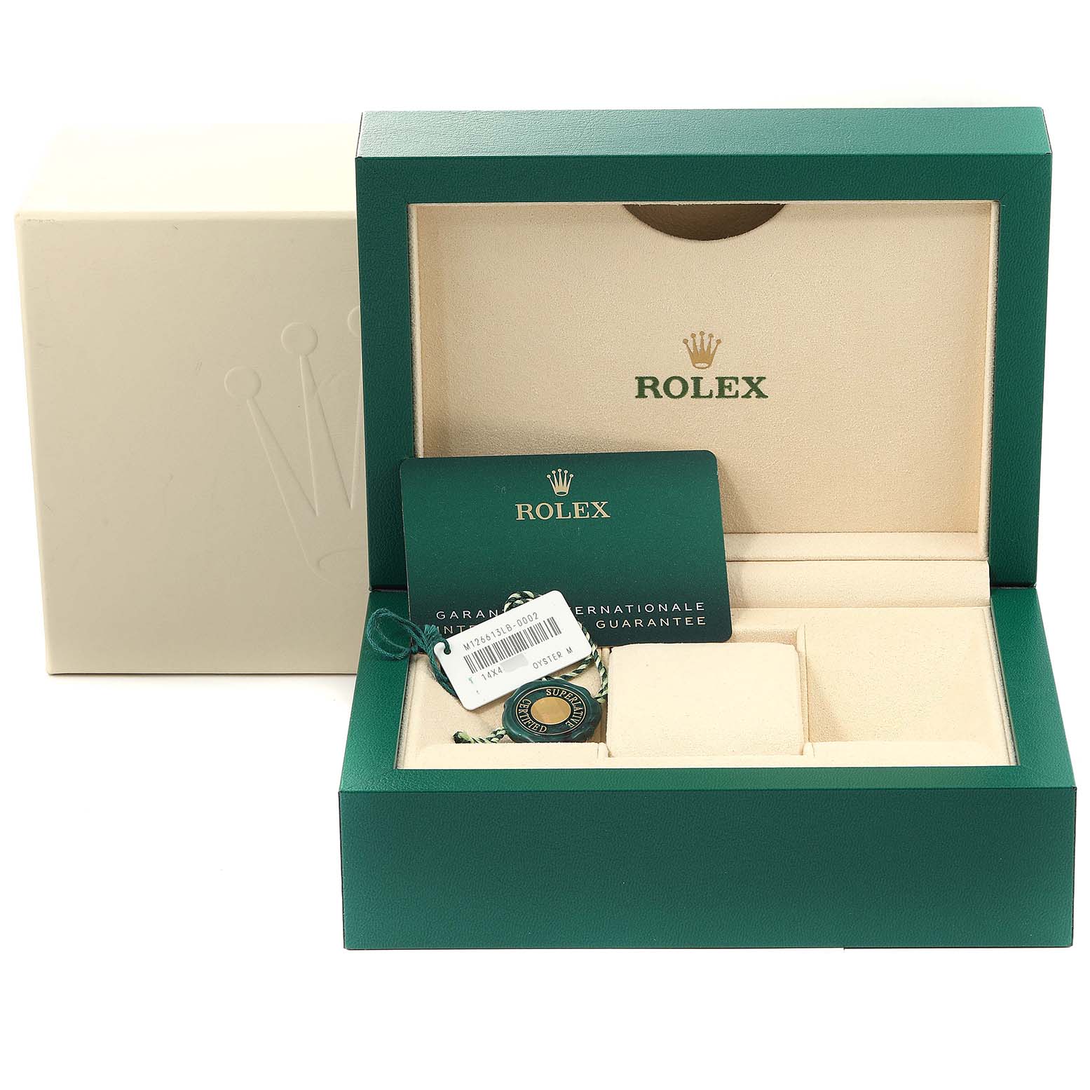 This image shows the box and accessories (international guarantee card and tag) for a Rolex Submariner 126613 Men
s Steel and Gold (two tone) Blue Dial 126613 Men
s Steel and Gold (two tone) Blue Dial watch.