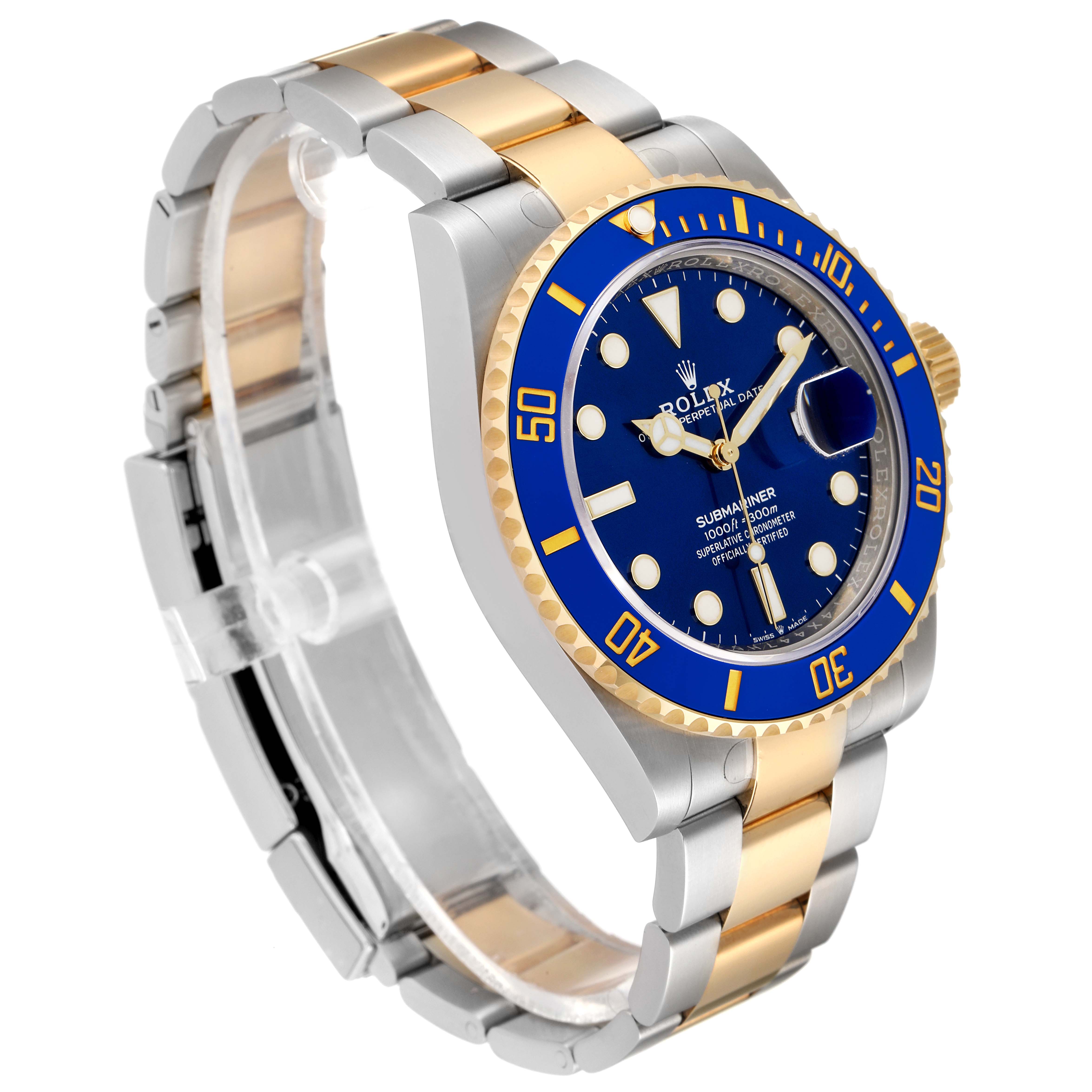 This image shows a Rolex Submariner 126613 Men
s Steel and Gold (two tone) Blue Dial 126613 Men
s Steel and Gold (two tone) Blue Dial watch angled from the front left, highlighting its blue dial, bezel, and two-tone metal bracelet.