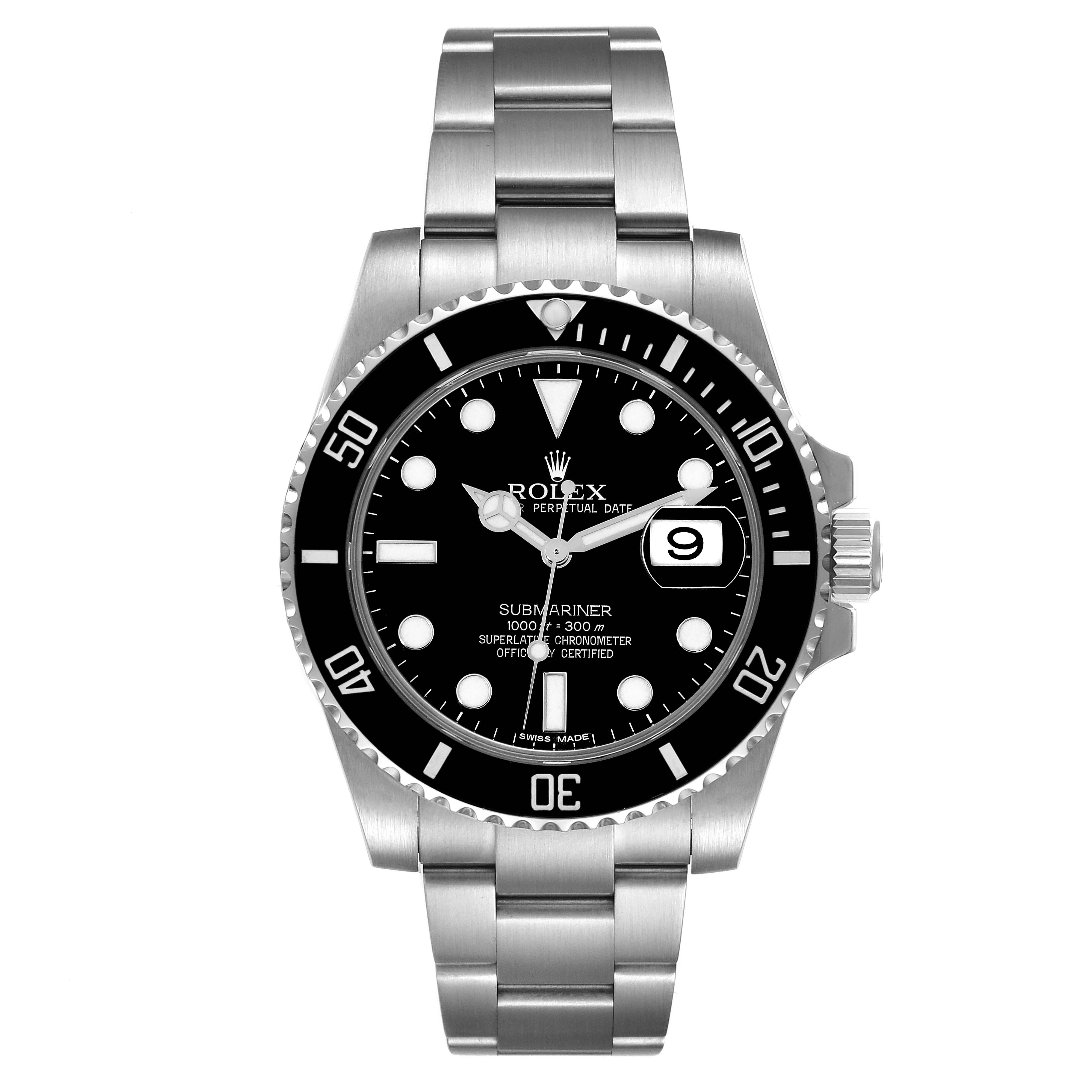 This image shows a front view of the Rolex Submariner 116610 Men's Stainless Steel Black Dial 116610 Men's Stainless Steel Black Dial watch featuring its dial, bezel, hands, and stainless steel bracelet.