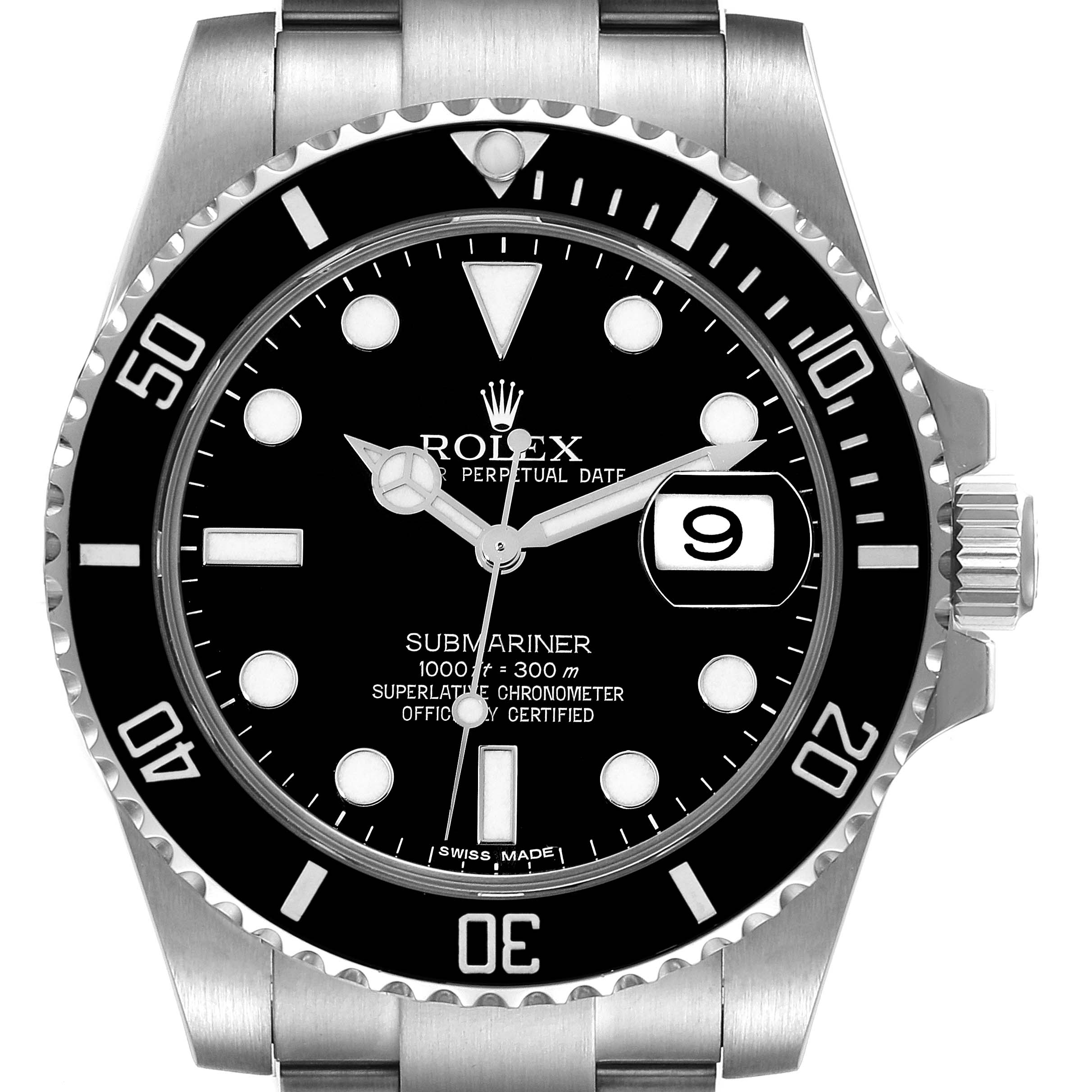 The image shows a front view of a Rolex Submariner 116610 Men's Stainless Steel Black Dial 116610 Men's Stainless Steel Black Dial watch, displaying the dial, bezel, and part of the bracelet.