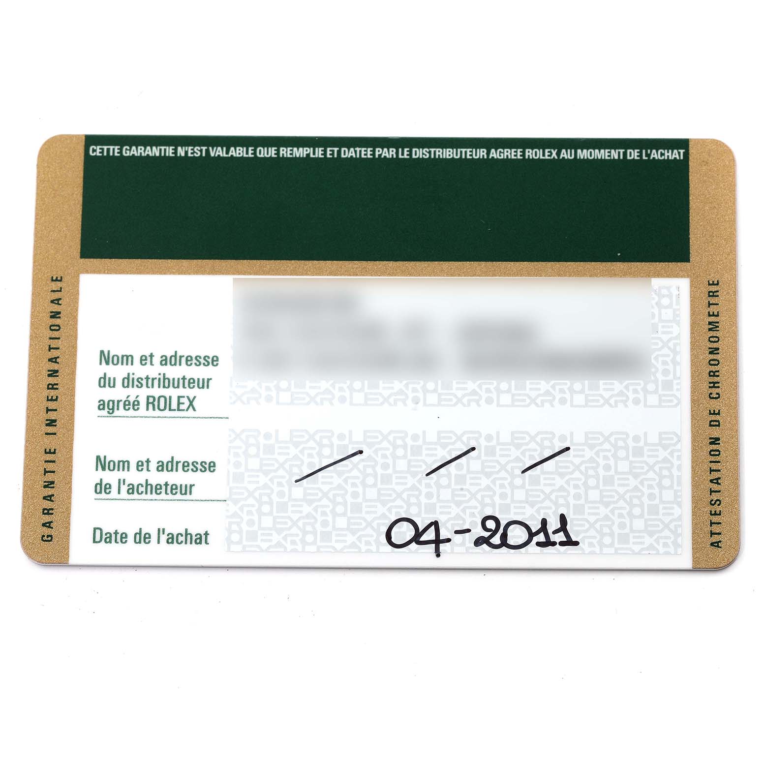 The image shows a warranty card for a Rolex Submariner 116610 Men's Stainless Steel Black Dial 116610 Men's Stainless Steel Black Dial watch, featuring dealer and purchaser information, and purchase date.